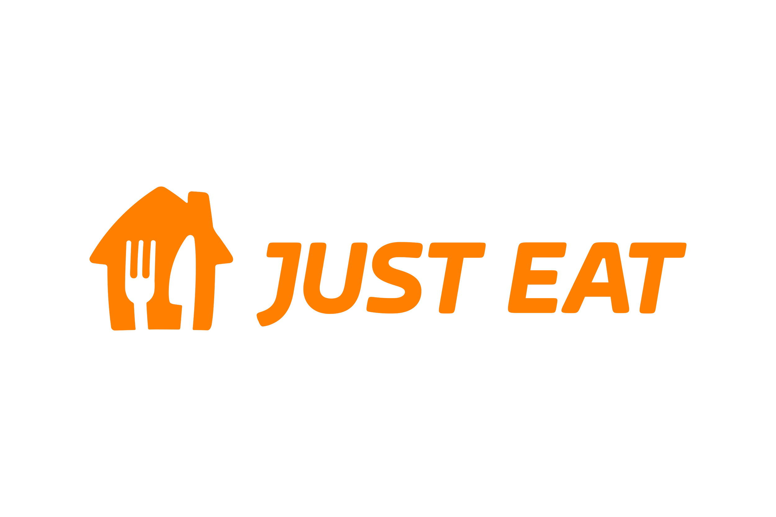 Logo with an orange house and fork on the left, and the text 'Just Eat' in orange on a black background