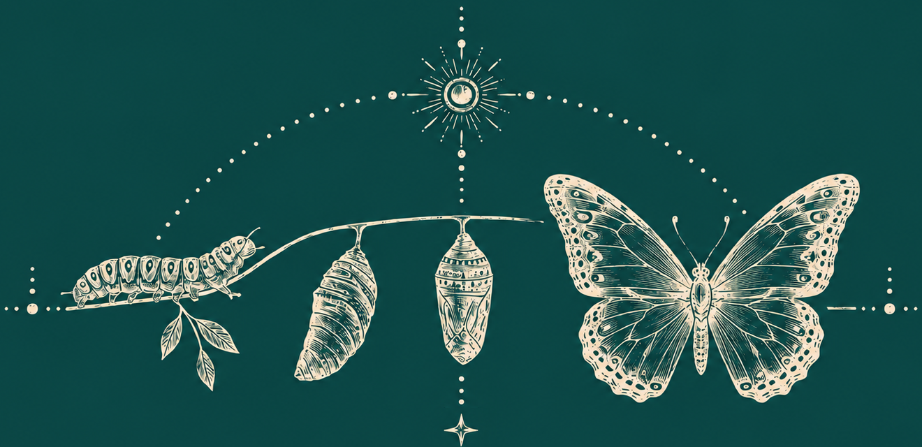 Illustration of a butterfly, caterpillar, two chrysalises, and a moon phase symbol, all arranged in a line on a branch with decorative dotted lines and celestial symbols in the background.