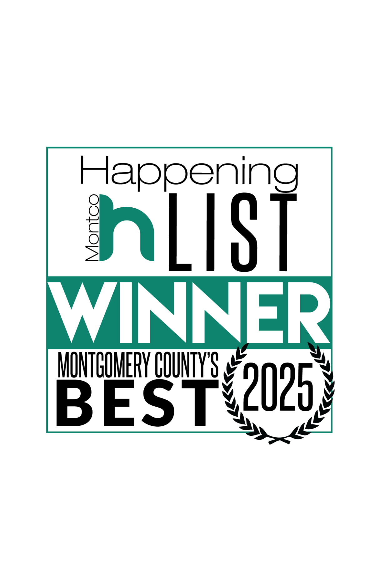 A black and teal badge with a large white word "WINNER" in the center, a teal lowercase "h" above, and black laurel wreath surrounding the badge.