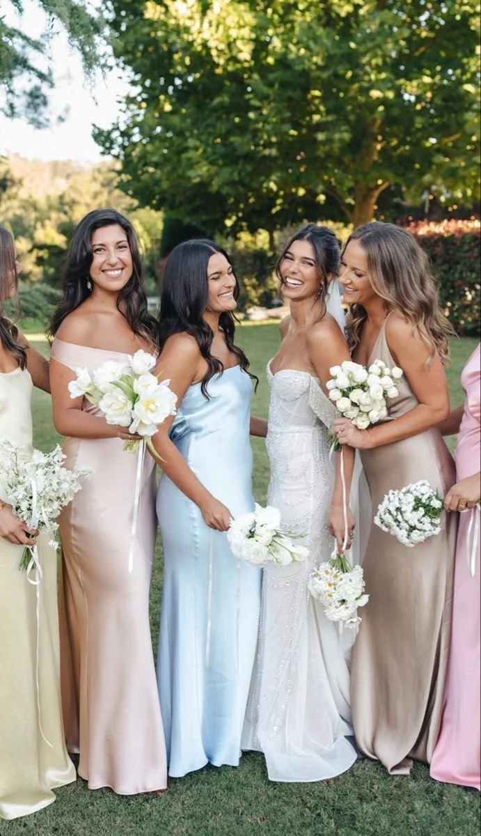 A group of women in colorful satin dresses, holding bouquets of white flowers, standing outdoors on a sunny day with trees in the background, celebrating a wedding.