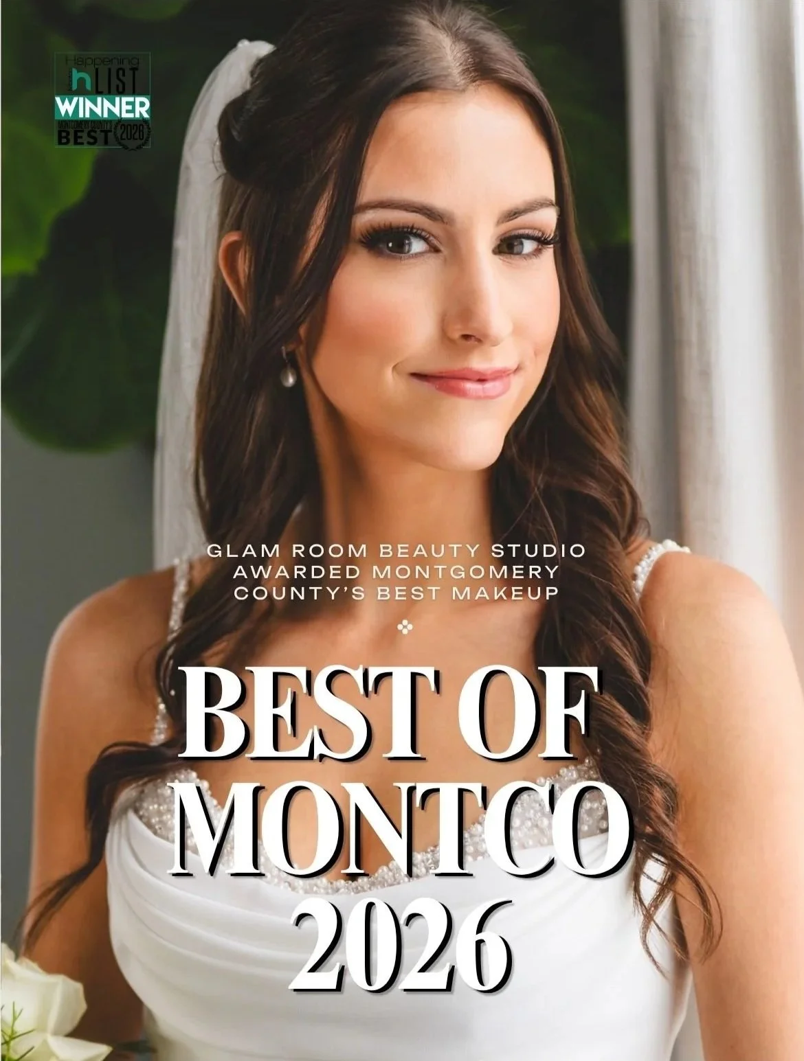Young woman in wedding dress with long dark hair, smiling, with wedding bouquet in front, celebrating Montgomer County's best makeup in 2026.