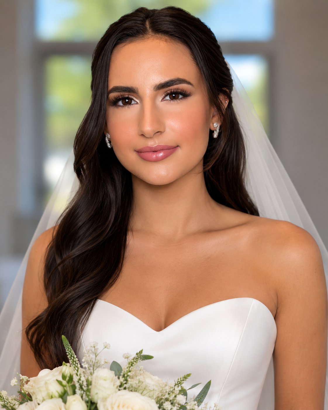 A bride with long dark hair in loose waves, wearing pearl earrings, a white strapless wedding dress, and holding a bouquet of white flowers, standing indoors with blurred windows in the background.