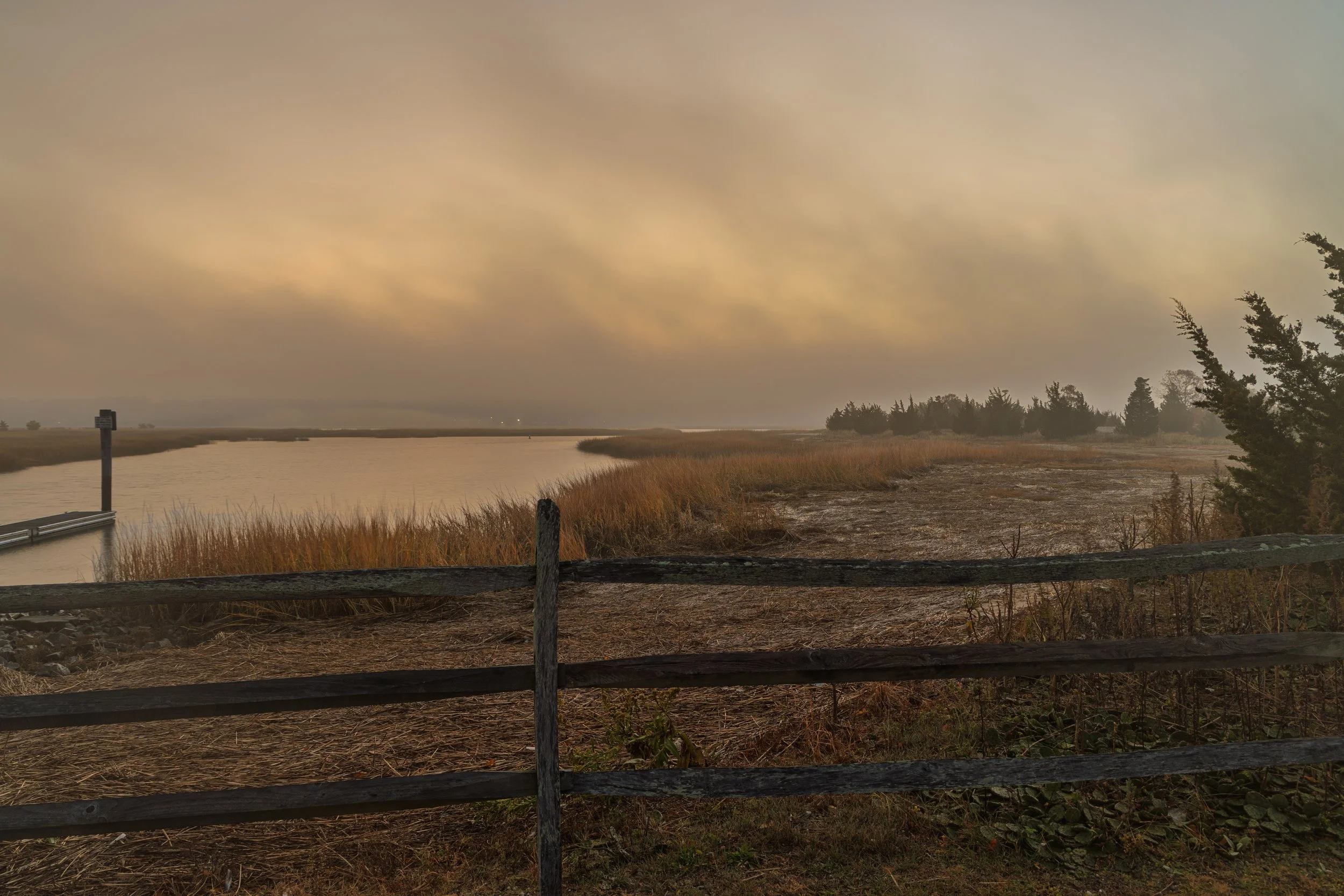 A landscape scene with a river, grassy marshland, and trees under a cloudy sky, with a wooden fence in the foreground.