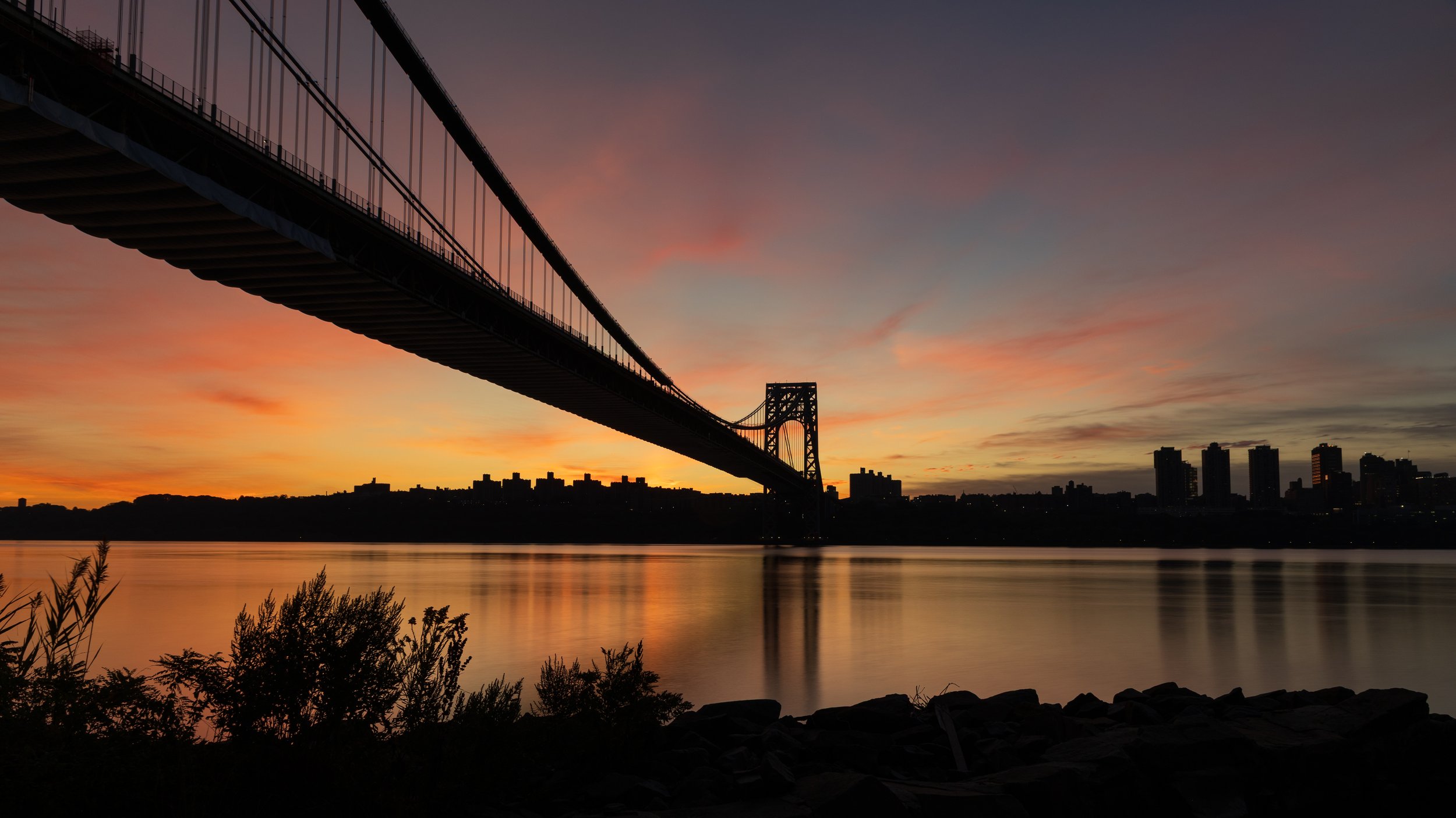 A large suspension bridge extending over a body of water at sunset, with a city skyline in the background and silhouetted plants in the foreground.