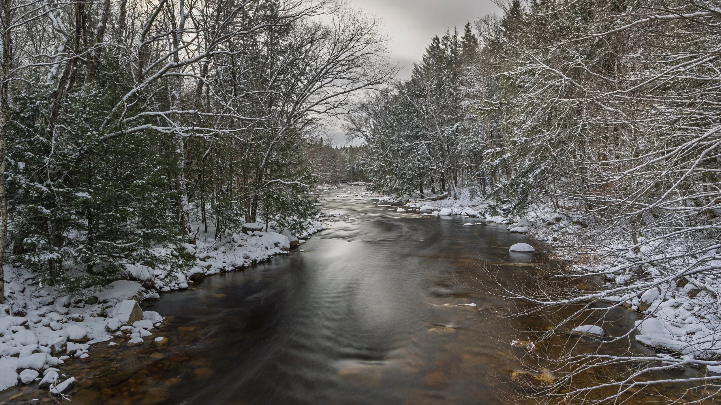 A winter scene of a river flowing through snow-covered trees on both sides under a cloudy sky.