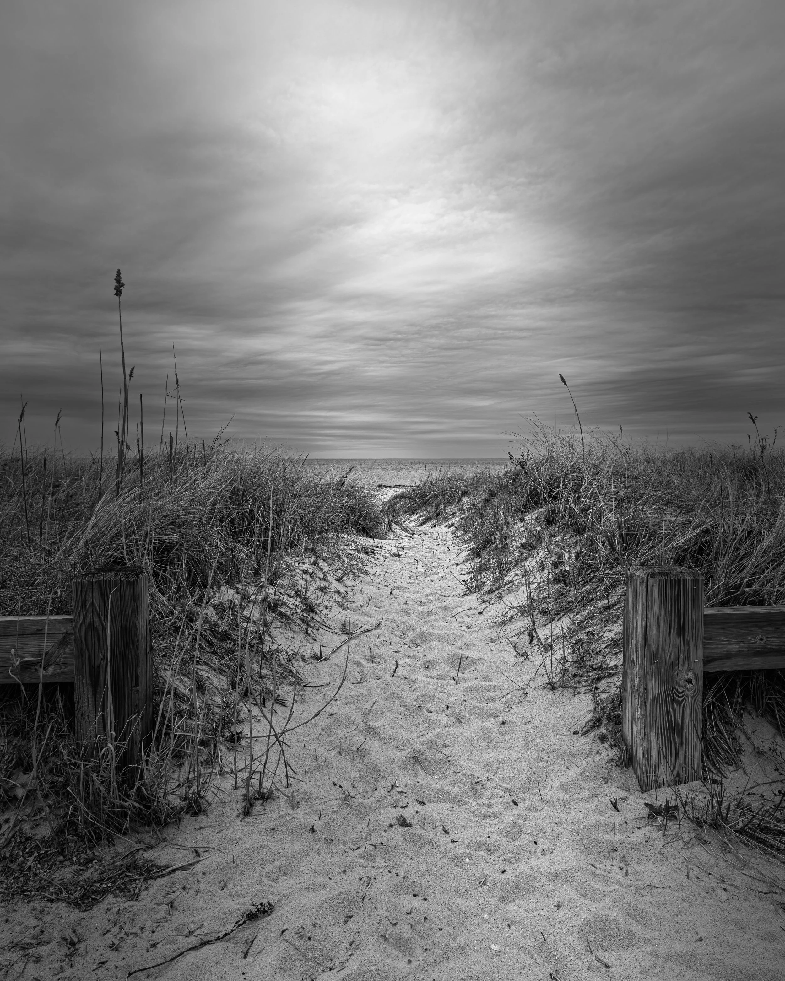 Black and white photograph of a sandy beach with some tall grasses and wooden posts at the entrance, leading towards the water under an overcast sky.