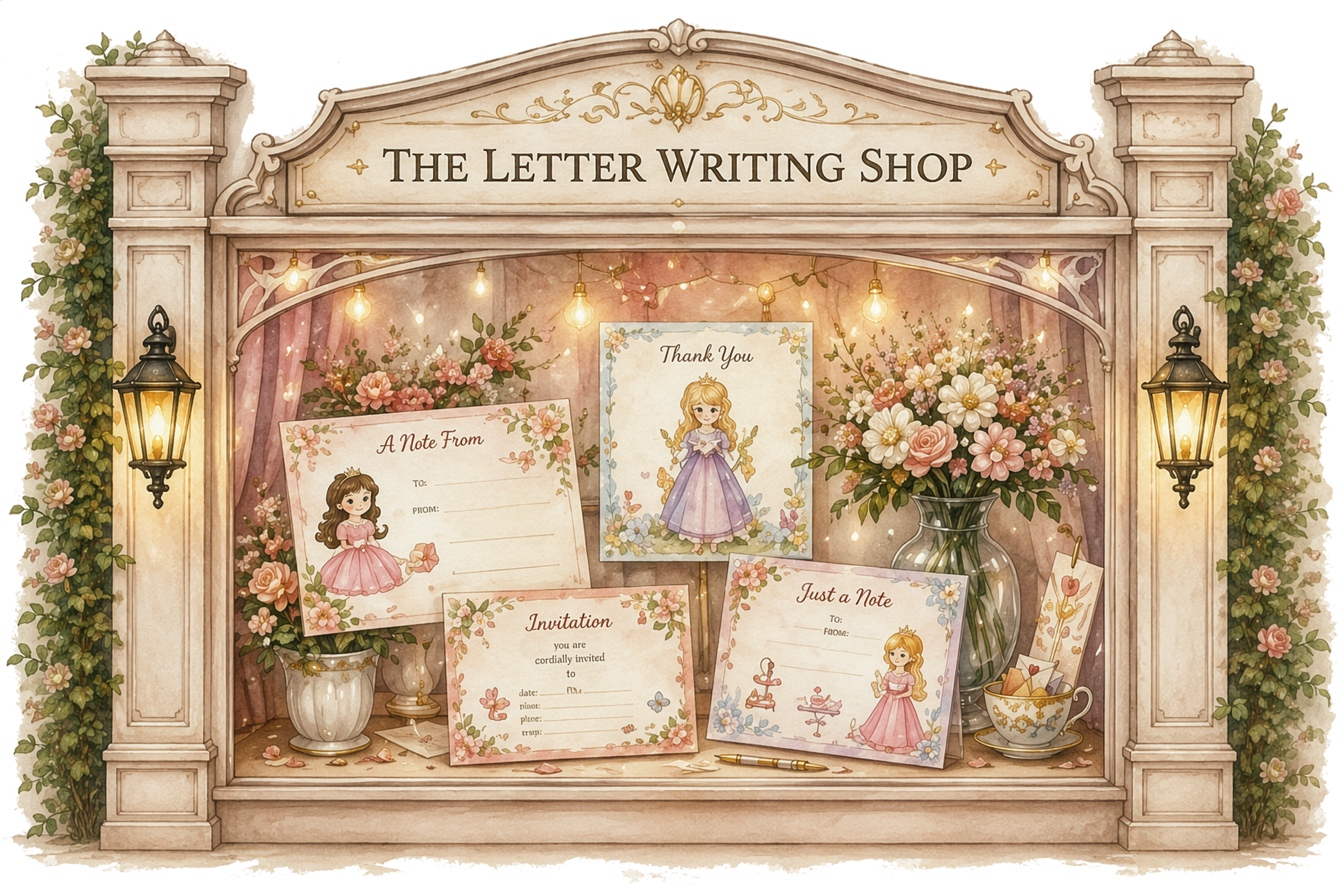 Personalized notecards and children's stationery boutique with watercolor floral correspondence.