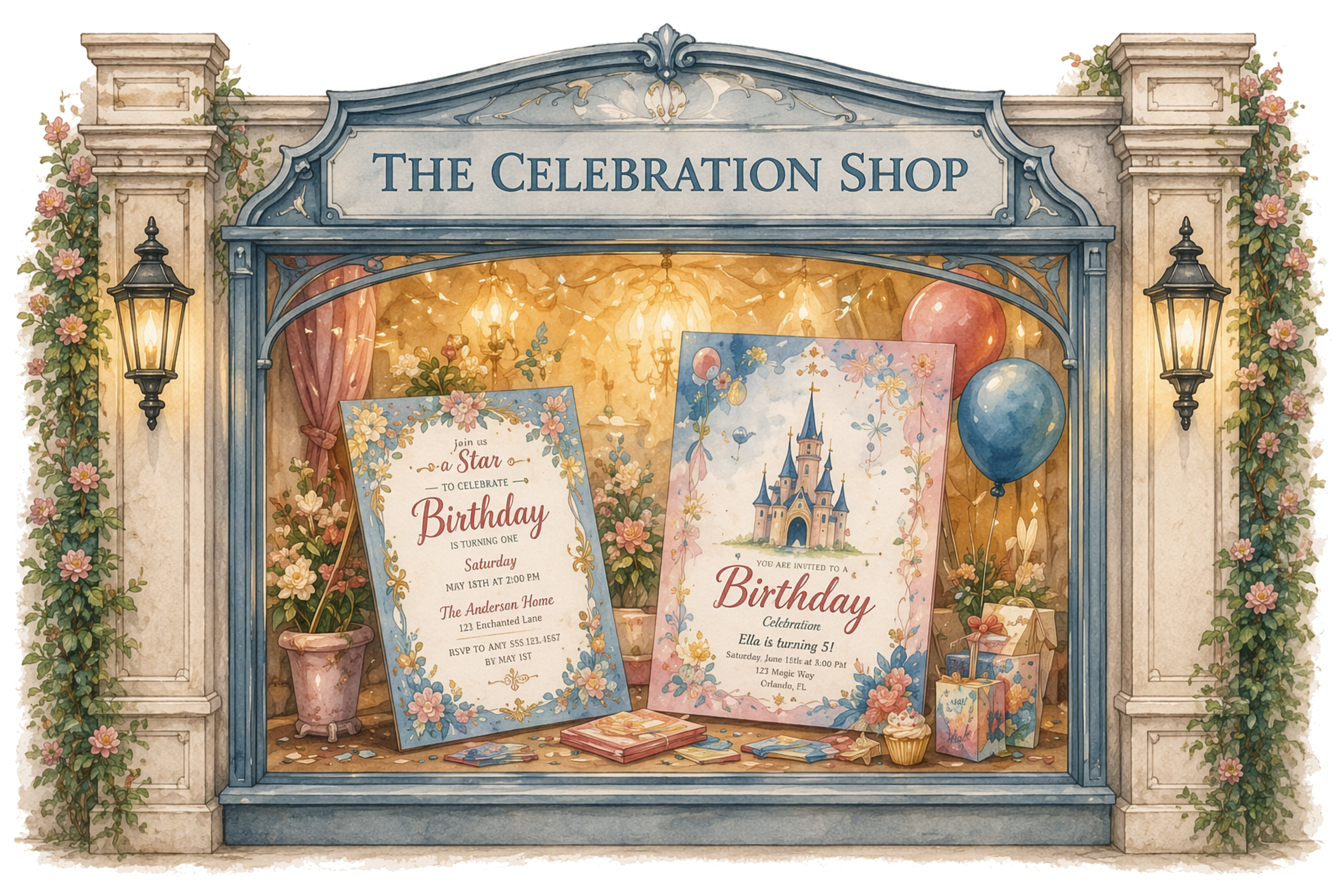 Magical birthday invitation boutique with whimsical princess, fairytale garden, and tea party invitations.
