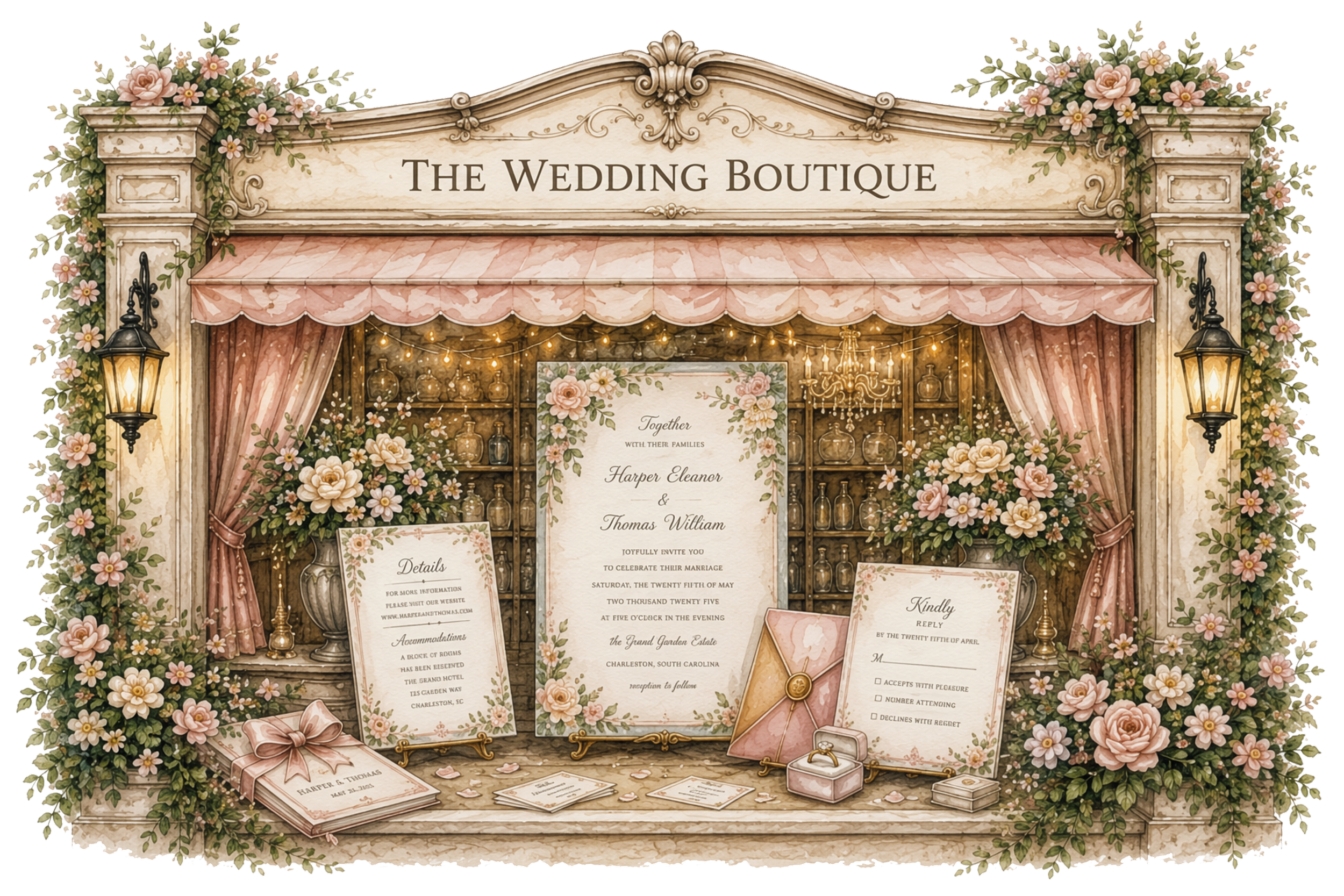 Storybook wedding invitation boutique featuring romantic watercolor wedding invitations and stationery.