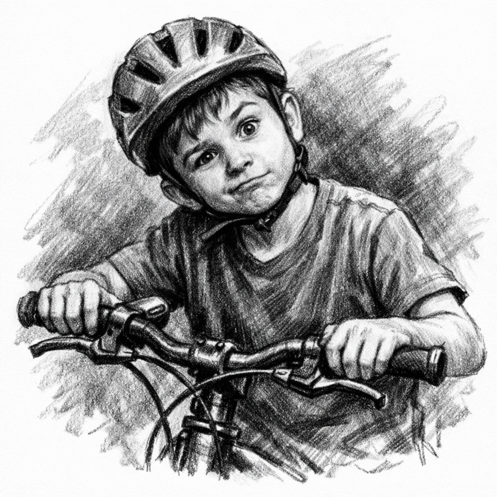 A young boy wearing a bicycle helmet grips the handlebars of his bike, with a curious expression on his face.