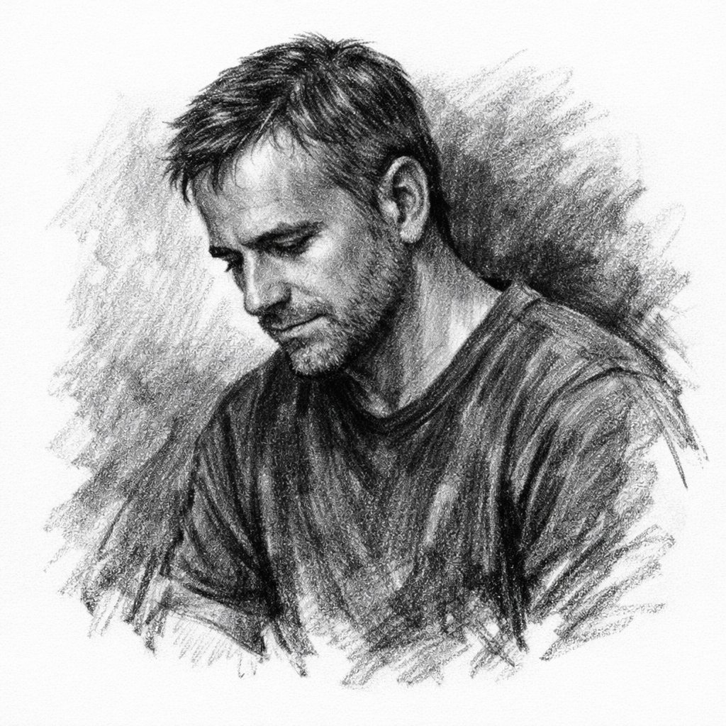 A realistic pencil sketch of a man with short hair and a beard, looking downward, wearing a T-shirt, with a textured background.
