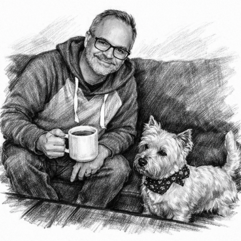 Sketch of a smiling man with glasses holding a coffee mug, sitting on a sofa with a small dog wearing a bandana nearby.