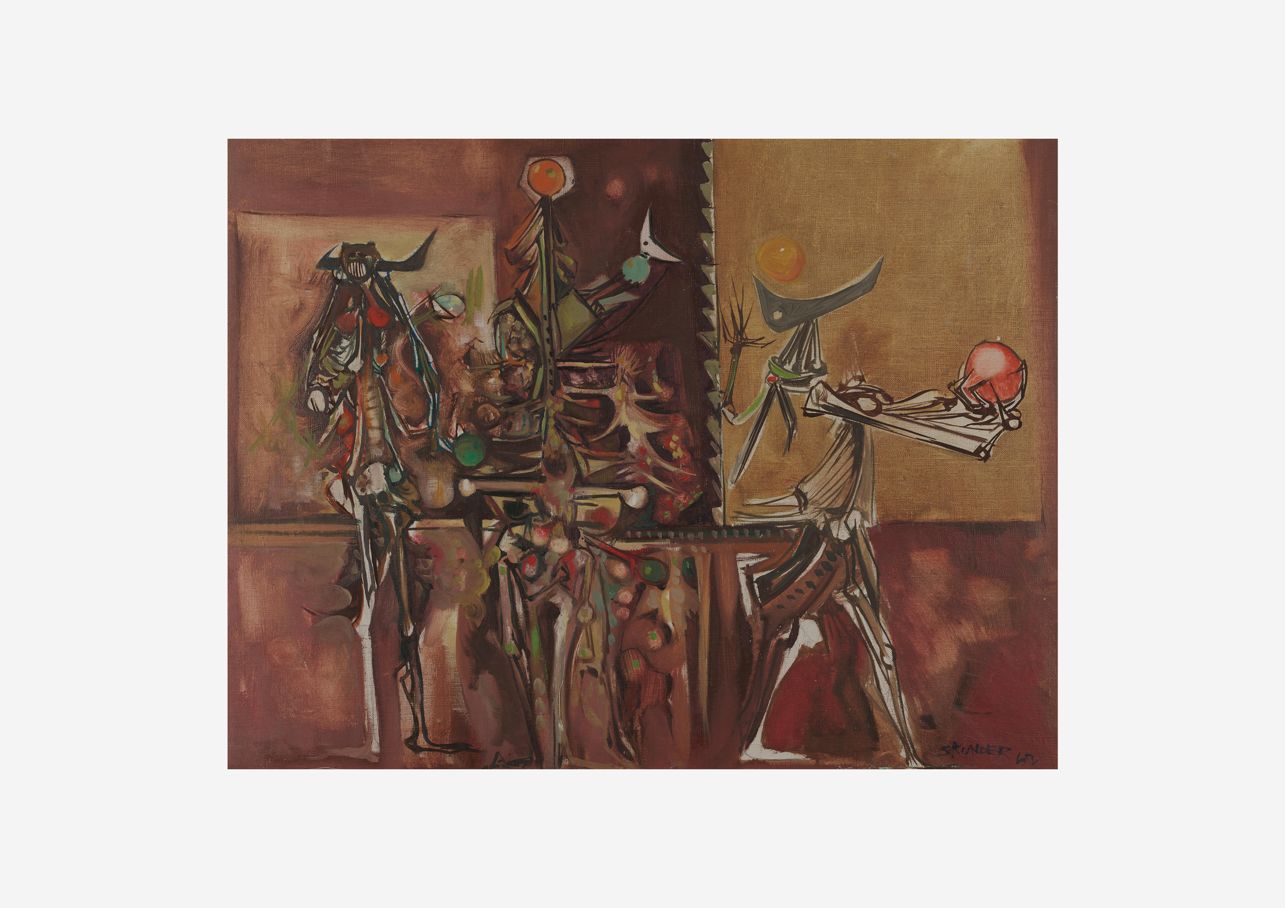 An abstract painting featuring stylized human figures with horns, vibrant colors, and layered textures, creating a surreal and expressive scene.