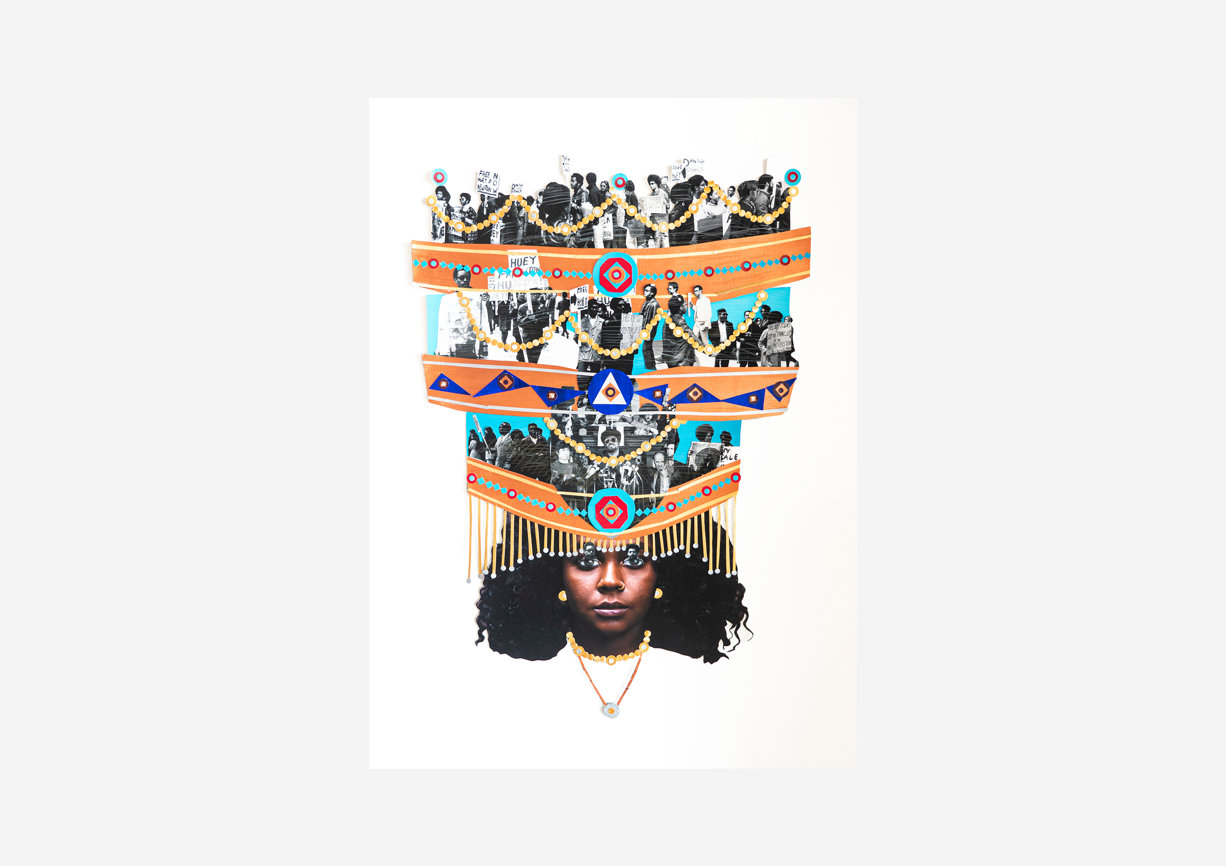 A collage featuring black and white photos of protesters holding signs, layered with colorful, geometric decorative elements and a portrait of a woman wearing traditional jewelry and accessories.