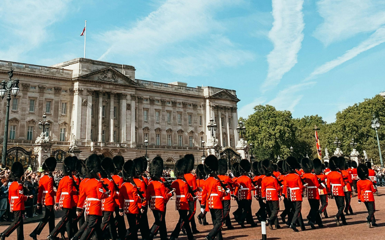 Marching Guards at the Changing of the Guard in London at Buckingham Palace