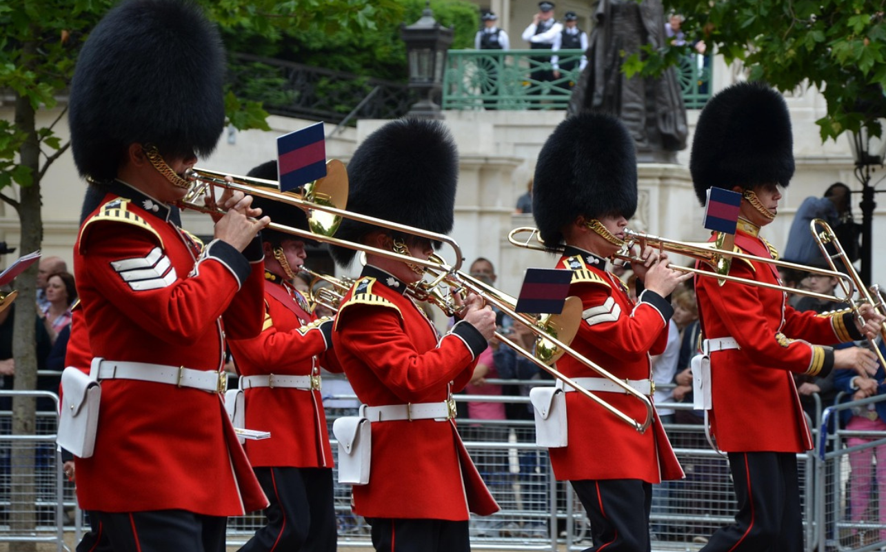 Regimental Band at the Changing of the Guard in London at Buckingham Palace