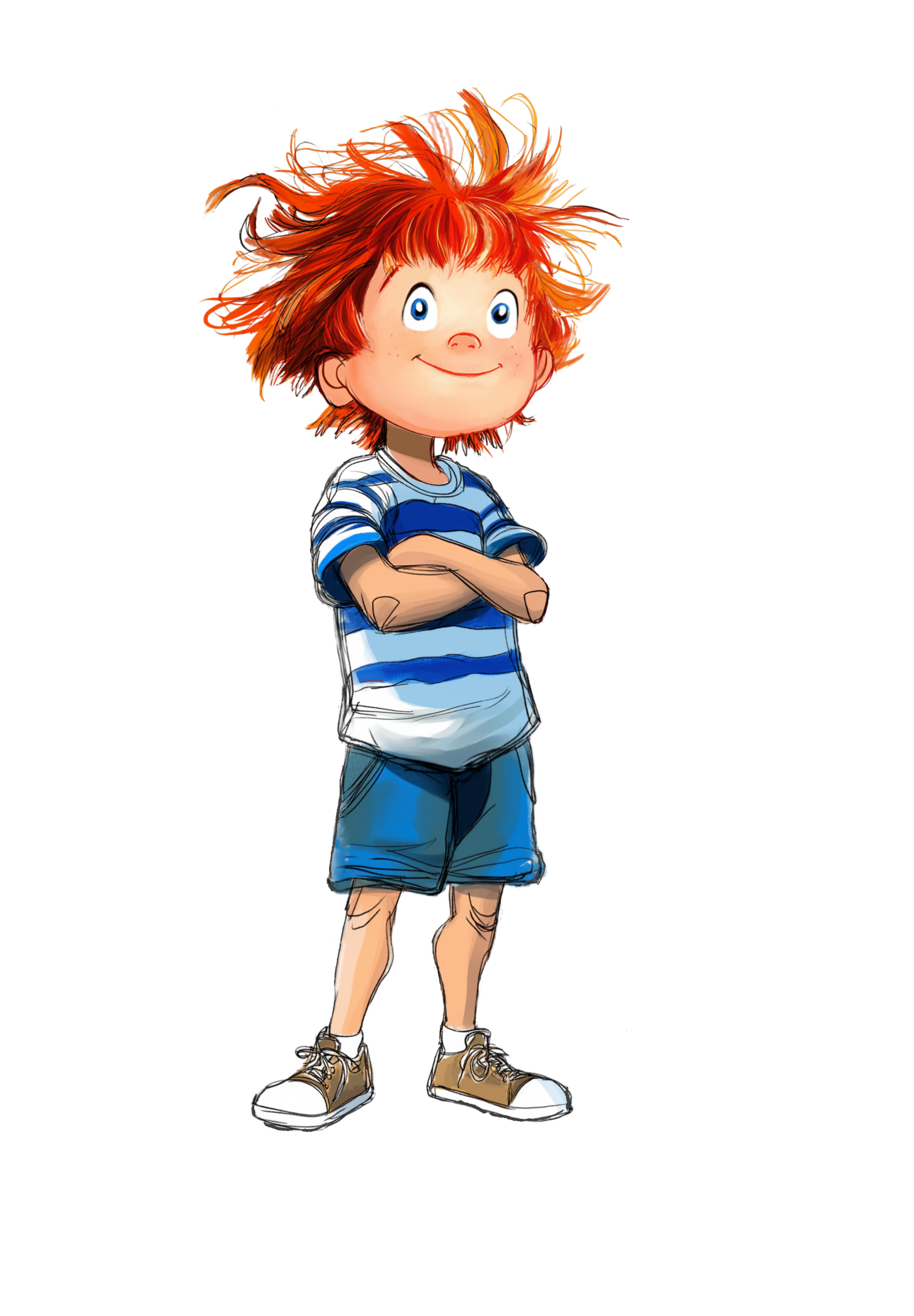 A cartoon boy with messy red hair, blue eyes, wearing a blue and white striped shirt, blue shorts, and tan sneakers, standing with his arms crossed.