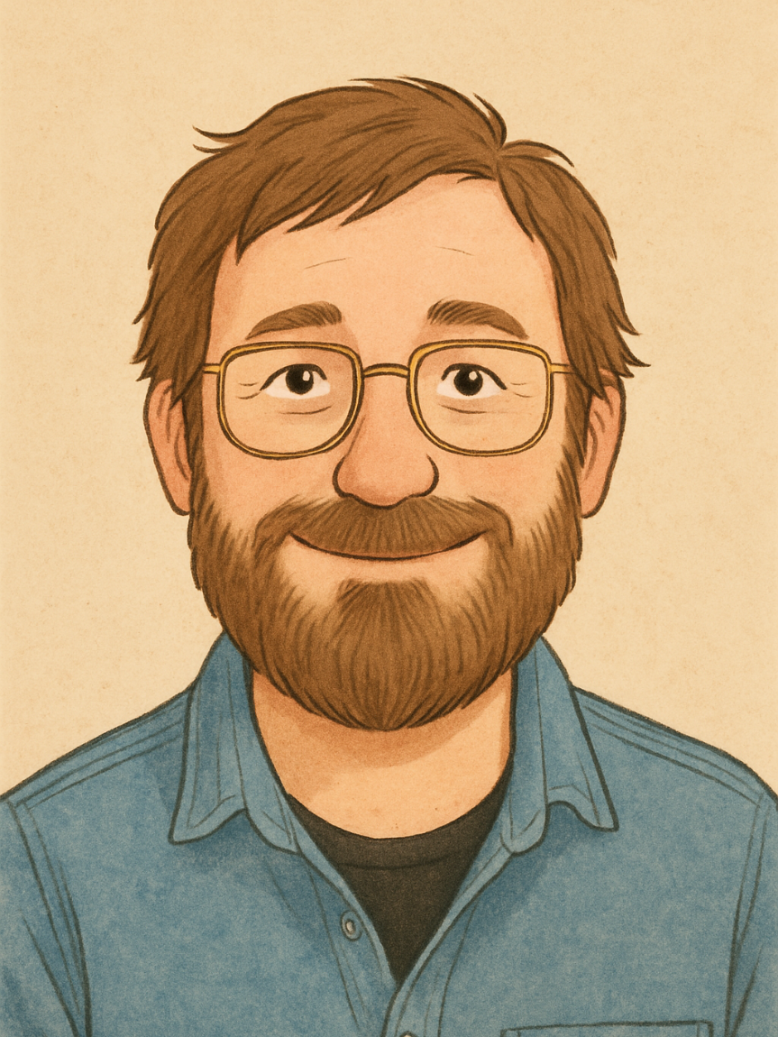 A cartoon illustration of a man with glasses, brown hair, a beard, wearing a denim shirt and black t-shirt, smiling against a beige background.