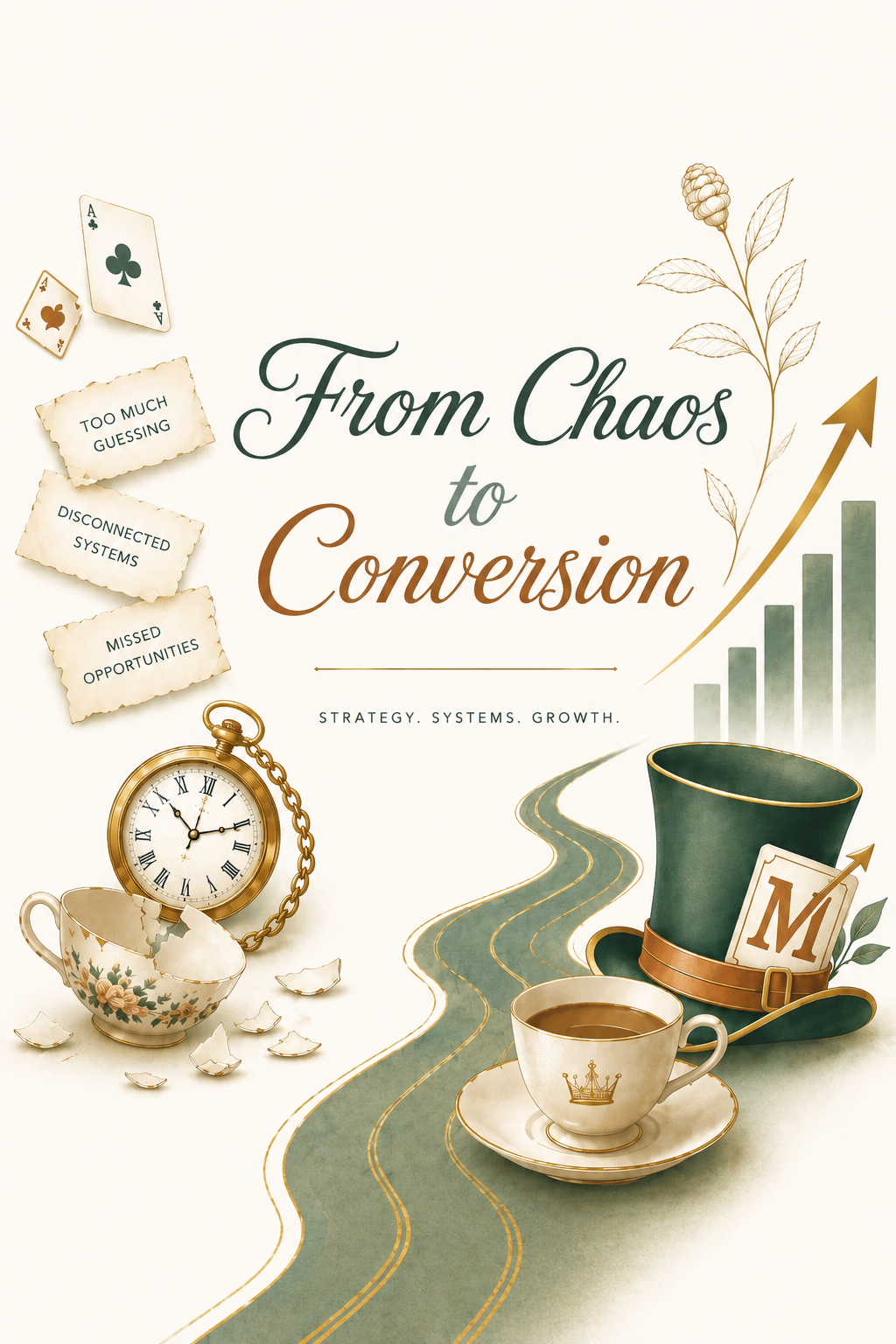 Book cover titled "From Chaos to Conversion" with elements like a clock, teacup, top hat, playing cards, and growth graphs.