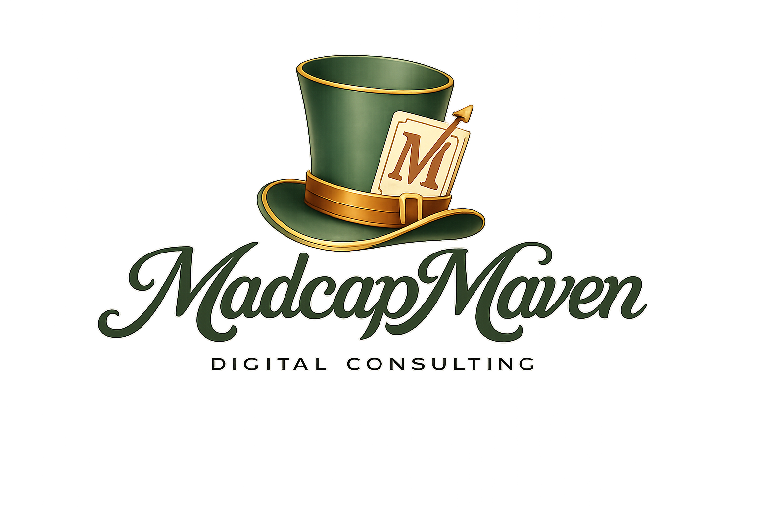 Logo for Madcap Maven Digital Consulting featuring a green leprechaun hat with gold trim, a card with the letter 'M', and stylized text.