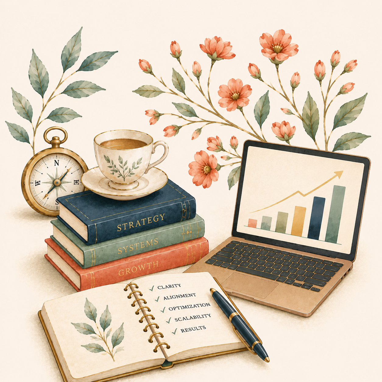 A workspace with a laptop displaying an upward trending graph, a stack of books labeled 'Strategy,' 'Systems,' and 'Growth,' a cup of coffee, a vintage clock, an open notebook with checklist points including 'Clarity,' 'Alignment,' 'Optimization,' 'Scalability,' and 'Results,' a pen, and decorative pink flowers and green leaves in the background.