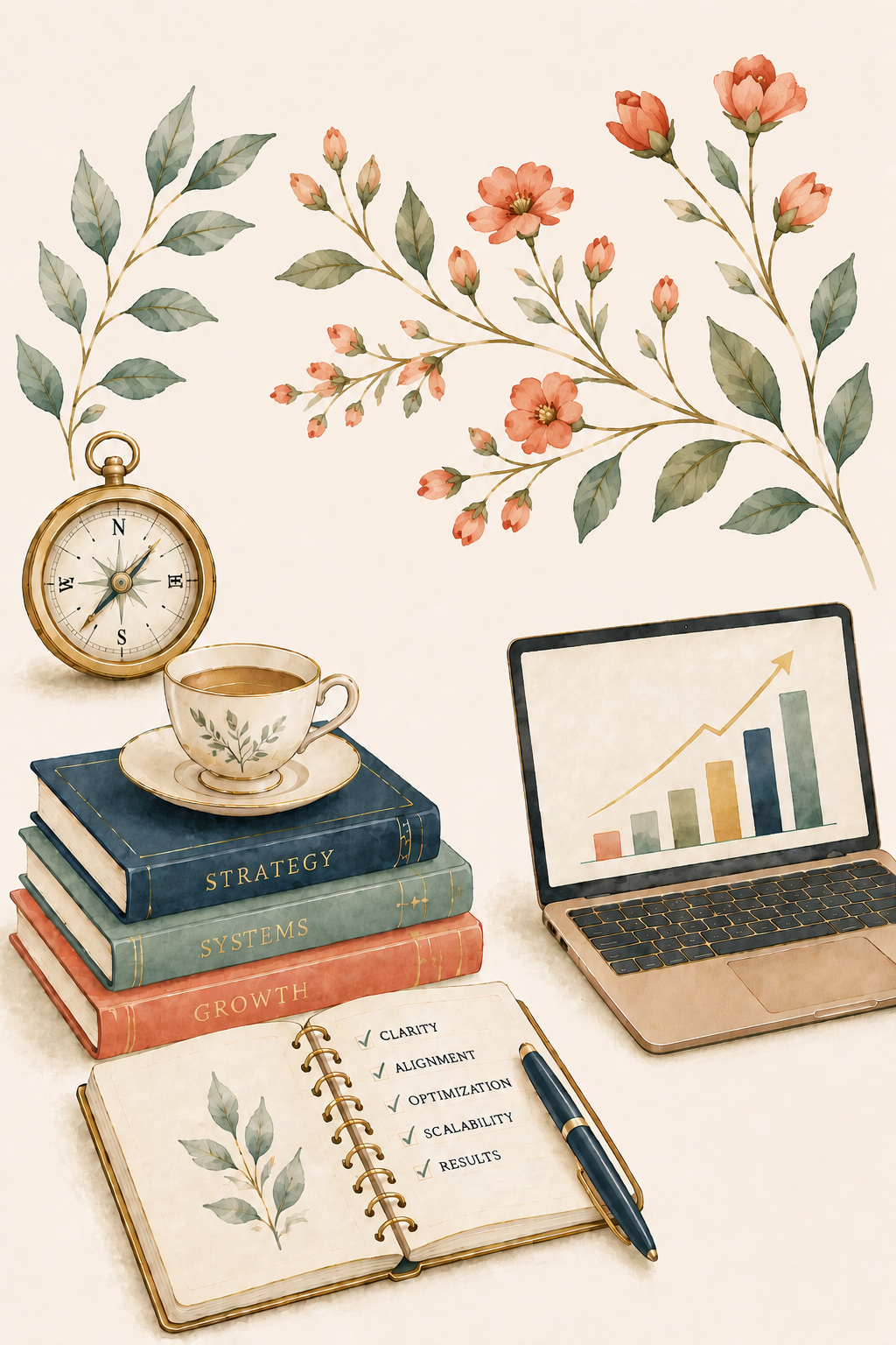 A desk with a coffee cup, a stack of three books labeled Strategy, Systems, and Growth, a notebook with a checklist, a pen, a laptop displaying a rising bar graph, a gold pocket watch, and floral wall decals.
