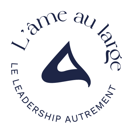 Logo avec un symbole triangulaire stylisé au centre, entouré du texte 'L'aime au large' en haut et 'LEADERSHIP AUTREMENT' en bas.