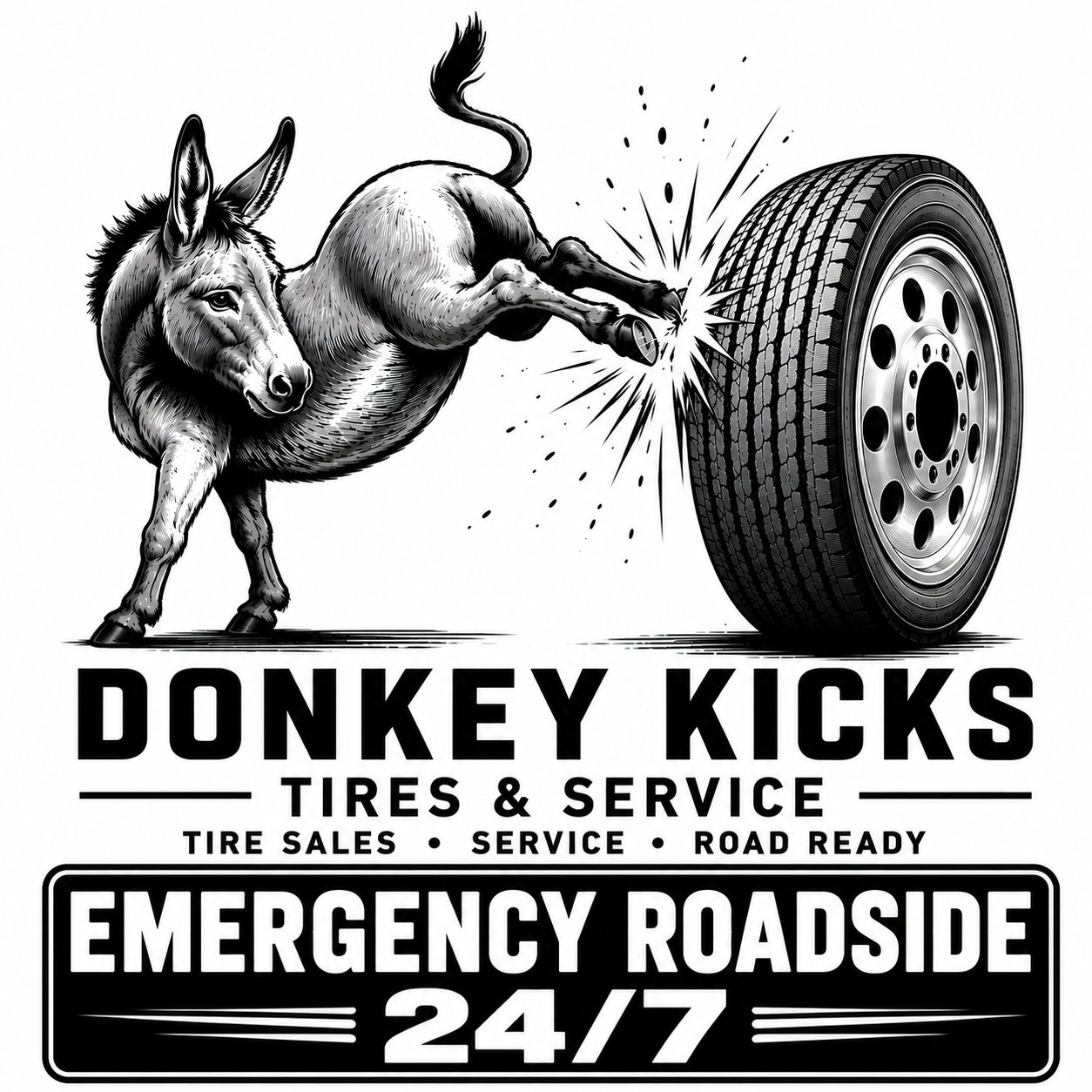A black and white illustration of a donkey kicking a tire, with text for a tire and auto service business, including emergency roadside assistance available 24/7.