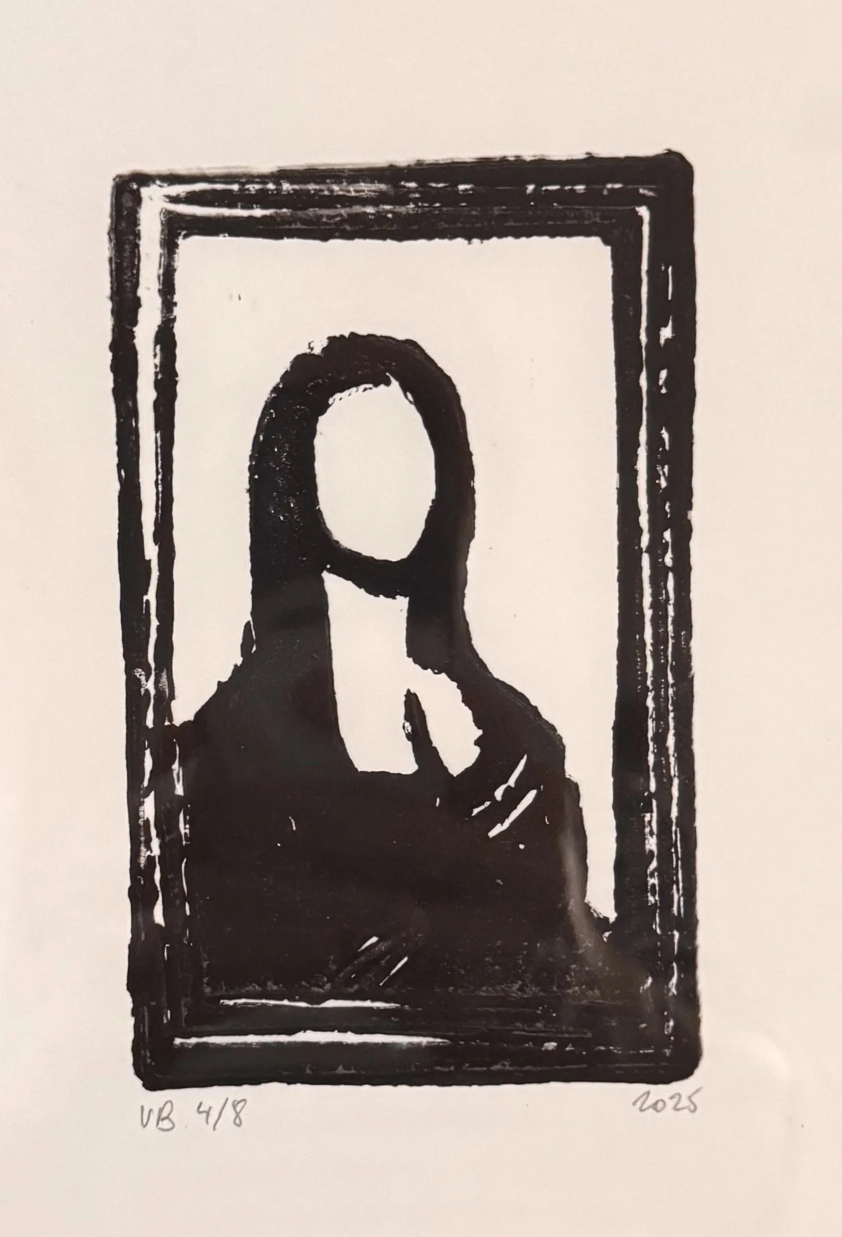 A black and white print of a woman with shoulder-length hair taking a selfie in front of a mirror. The print is numbered "UB 4/8" and dated "2025" at the bottom.