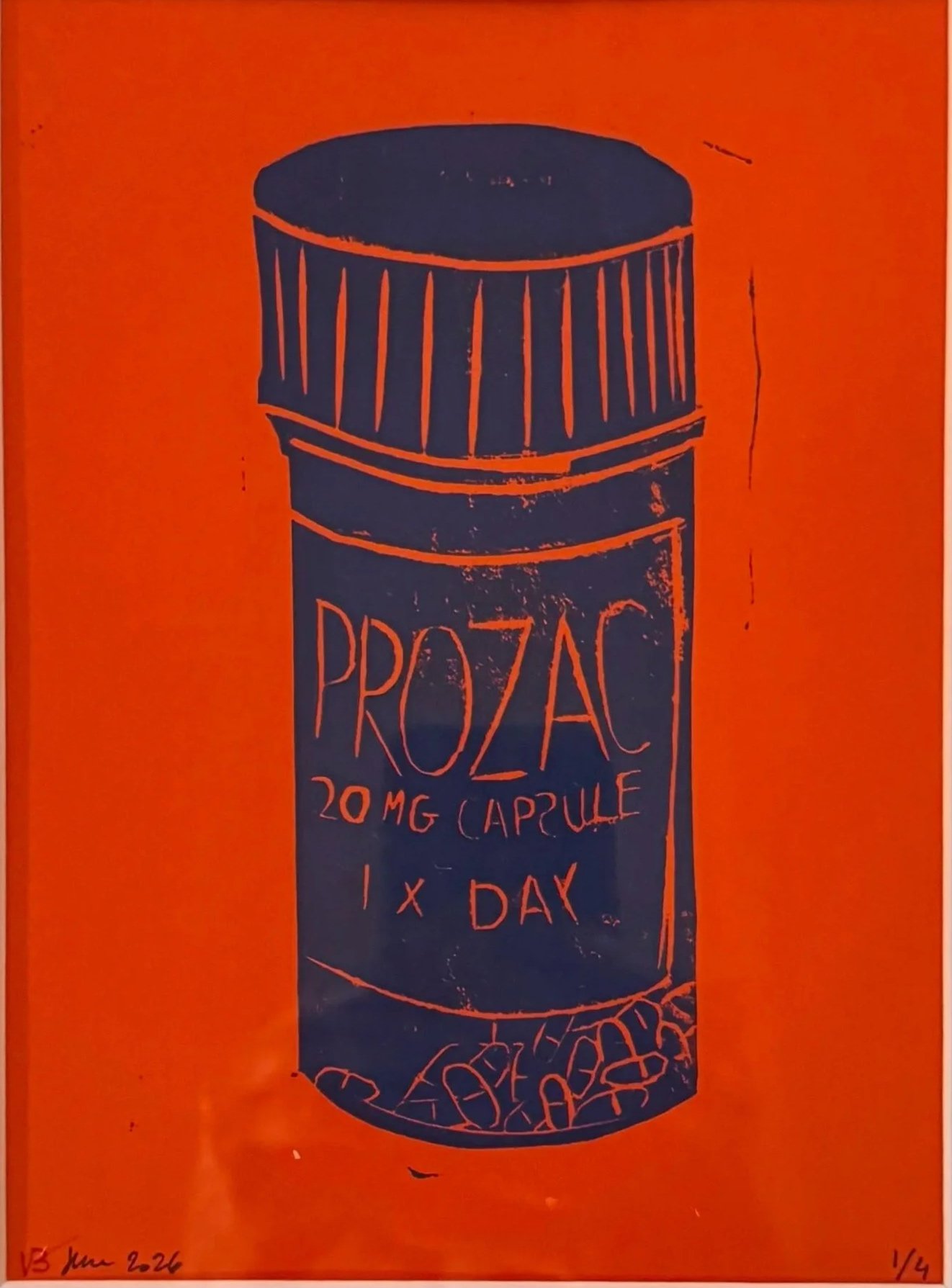 A drawing of a prescription medicine bottle labeled "Prozac 20 mg capsule, once a day" on an orange background.
