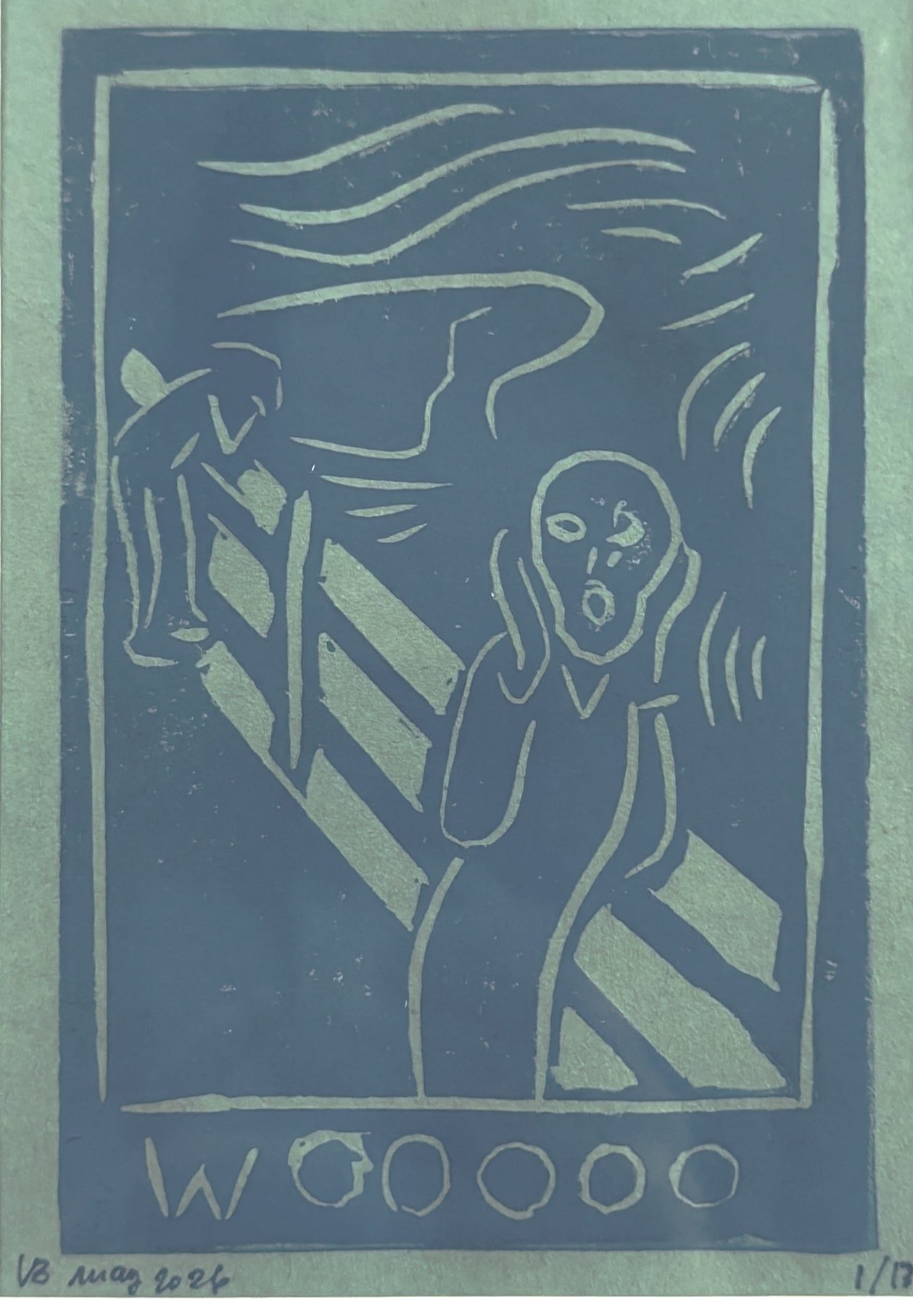 A line drawing of a woman with long hair holding a cell phone to her ear, with a framed picture of a person's profile in the background.