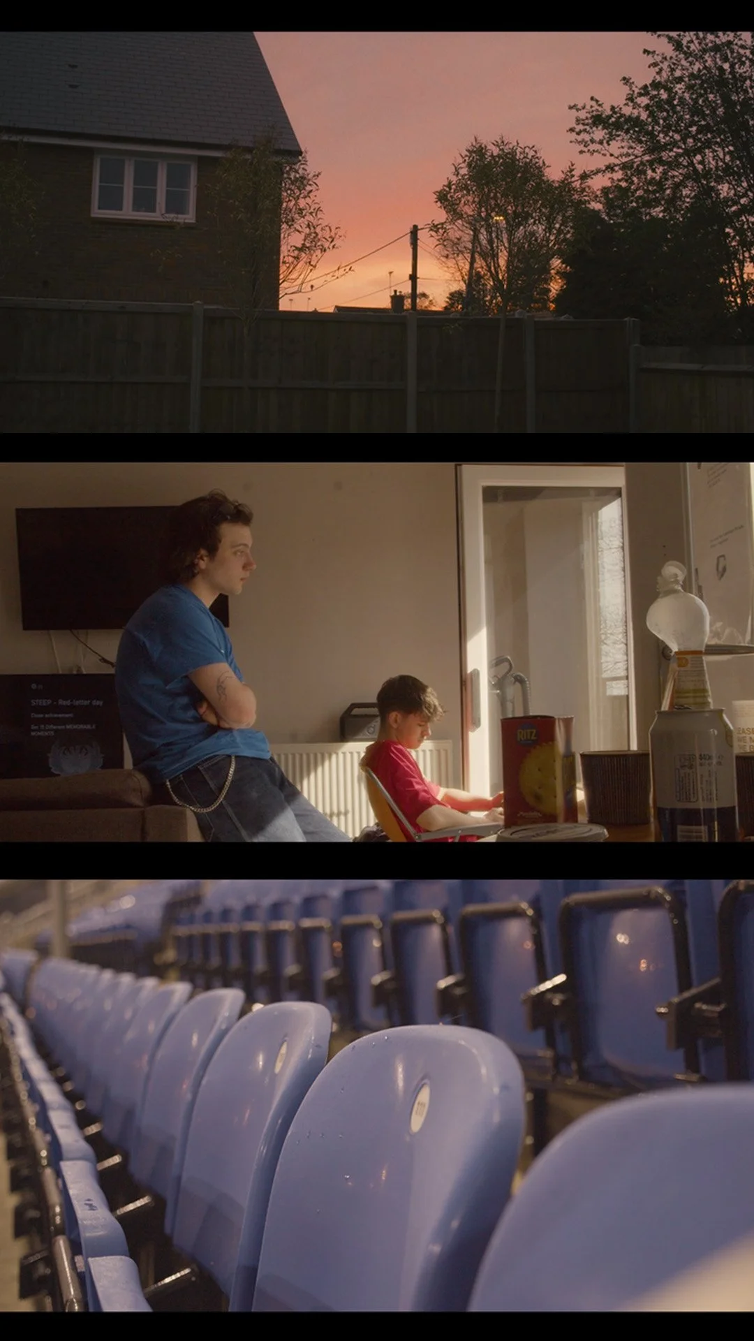 A three-part collage showing: Top: a sunset sky with silhouette trees and a house in the background, with a wooden fence in the foreground. Middle: a young woman with curly hair wearing a blue shirt and jeans standing with arms crossed, a young boy in a red shirt sitting at a table in indoors lighting, and a table with snacks and bottles. Bottom: empty stadium seats in shades of blue, with row and seat numbers visible.