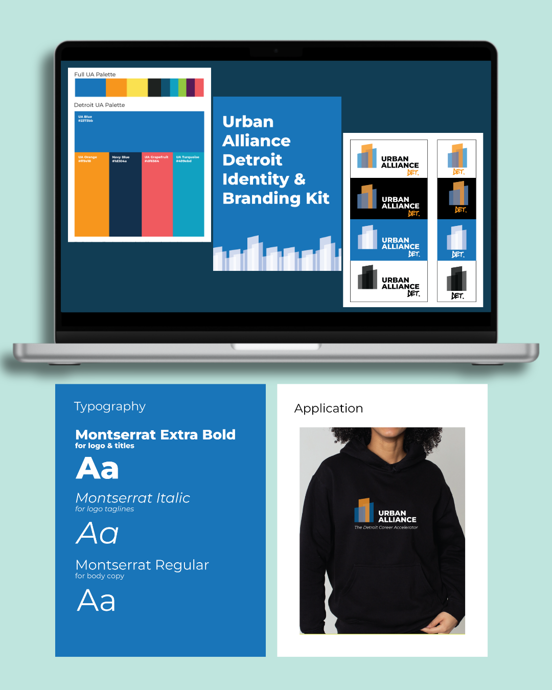 Laptop displaying branding kit for Urban Alliance Detroit, including color palettes, logo variations, and typography, with a model wearing a hoodie featuring the logo and tagline.