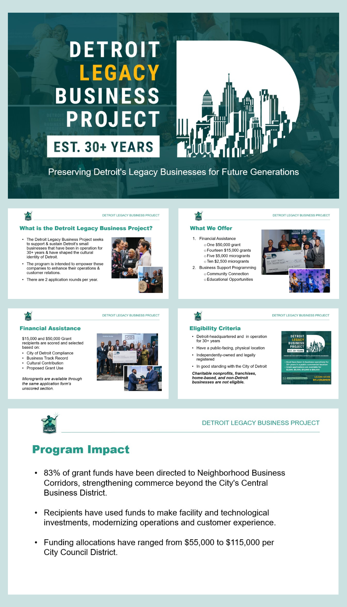 Flyer for the Detroit Legacy Business Project, highlighting its mission to support small businesses, offering financial assistance, and emphasizing its 30+ year history of preserving Detroit's culture and supporting future generations.