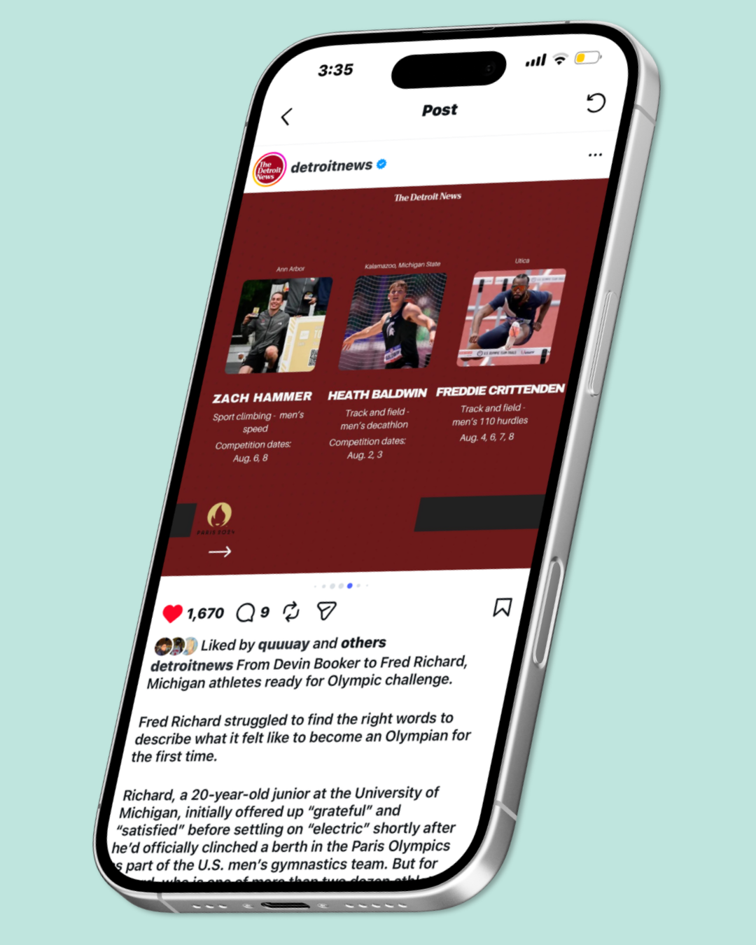 Instagram post showing a news article about Michigan athletes preparing for the Olympic challenge with images of three athletes and their competition details.