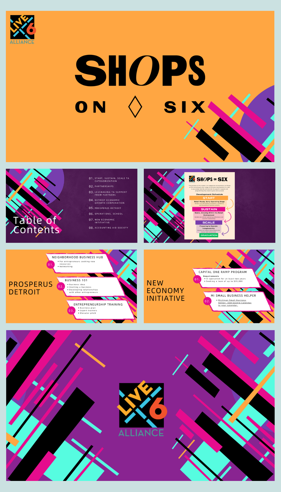 Design promotional materials for 'Shops on Six,' including a schedule, table of contents, and program details with abstract geometric backgrounds in purple, black, pink, cyan, and orange, for an event at Live Six Alliance.