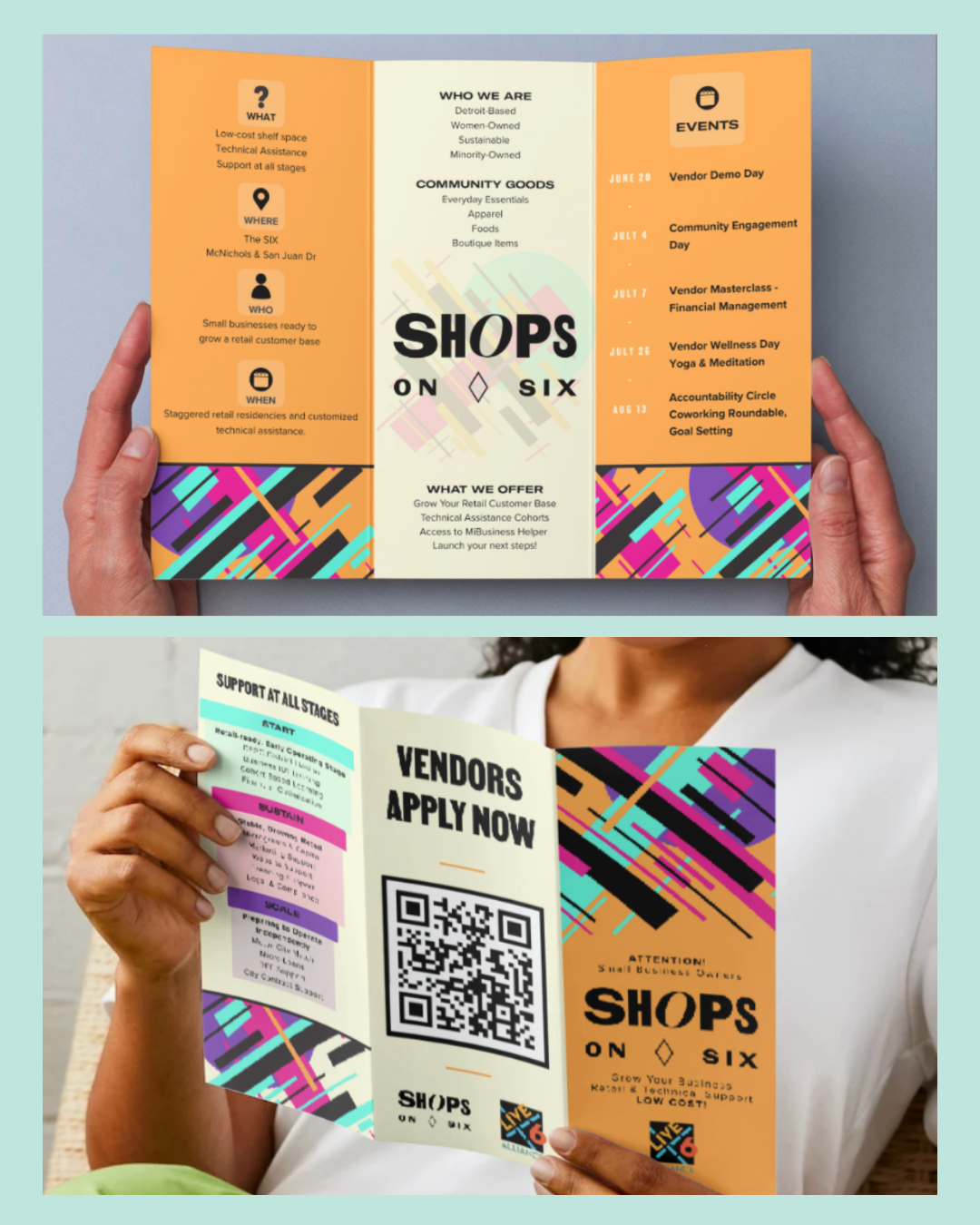Tri-fold brochure for Shops On Six, a community support event in Detroit. The brochure includes sections about who they are, community goods, events, and vendor application details, with colorful geometric patterns and event dates.