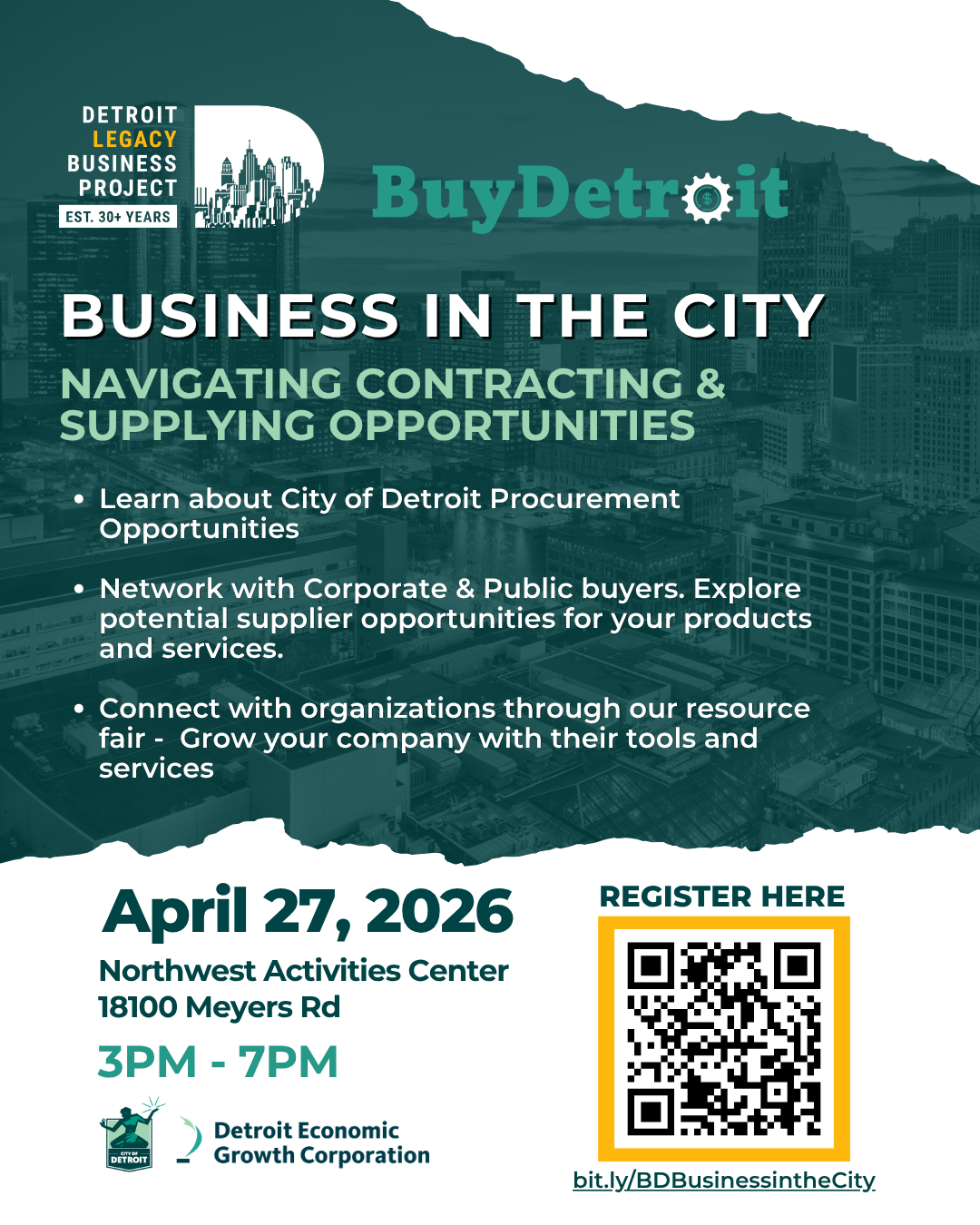 Flyer for a business event titled "Business in the City: Navigating Contracting & Supplying Opportunities" scheduled for April 27, 2026, at Northwest Activities Center, Detroit. The flyer includes a cityscape background, event details, a QR code for registration, and logos for Detroit Economic Growth Corporation and City of Detroit.
