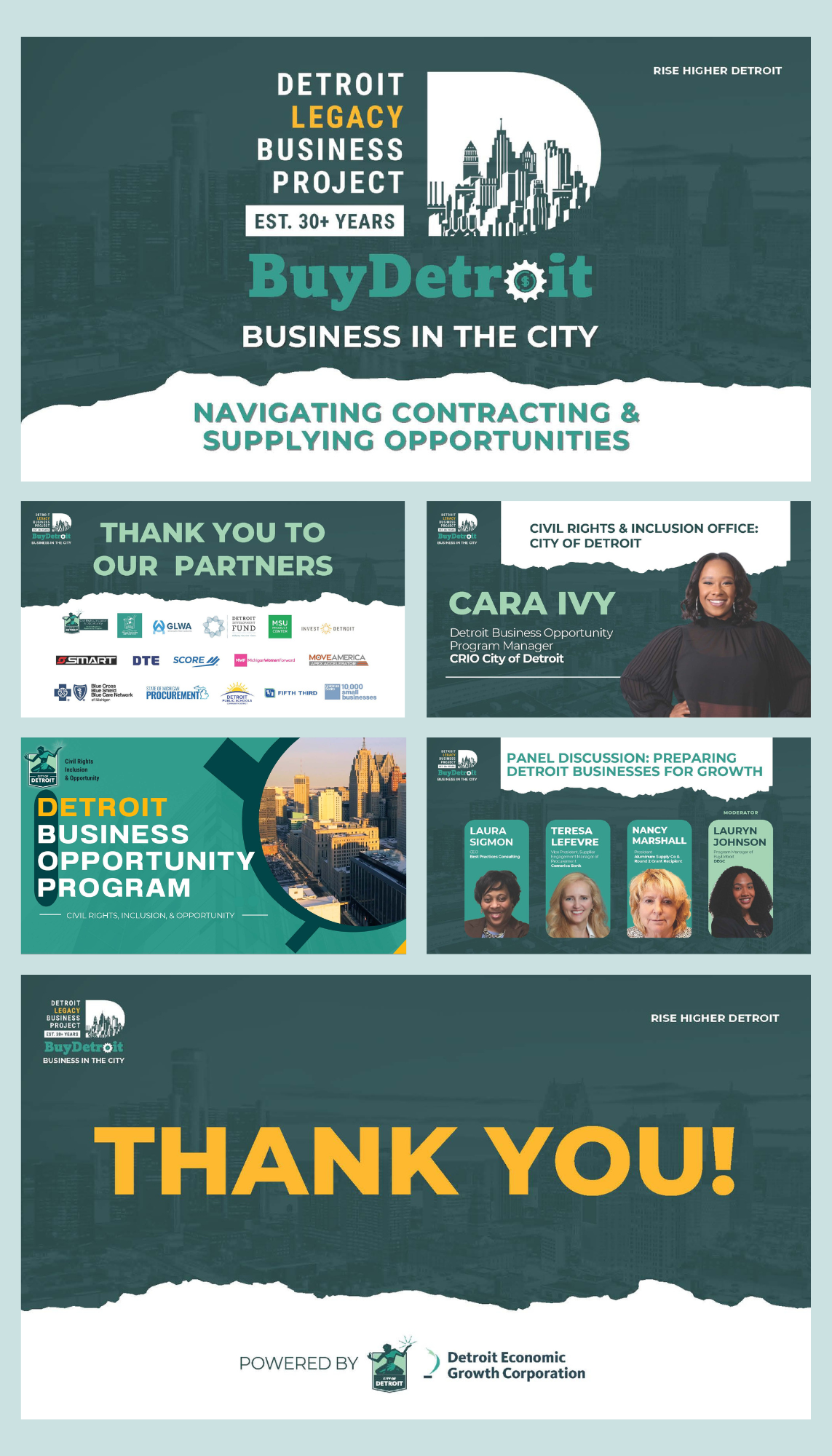 A detailed infographic about the Detroit Business Opportunity Program, including logos of partners and key speakers, and a photo of Detroit's skyline.