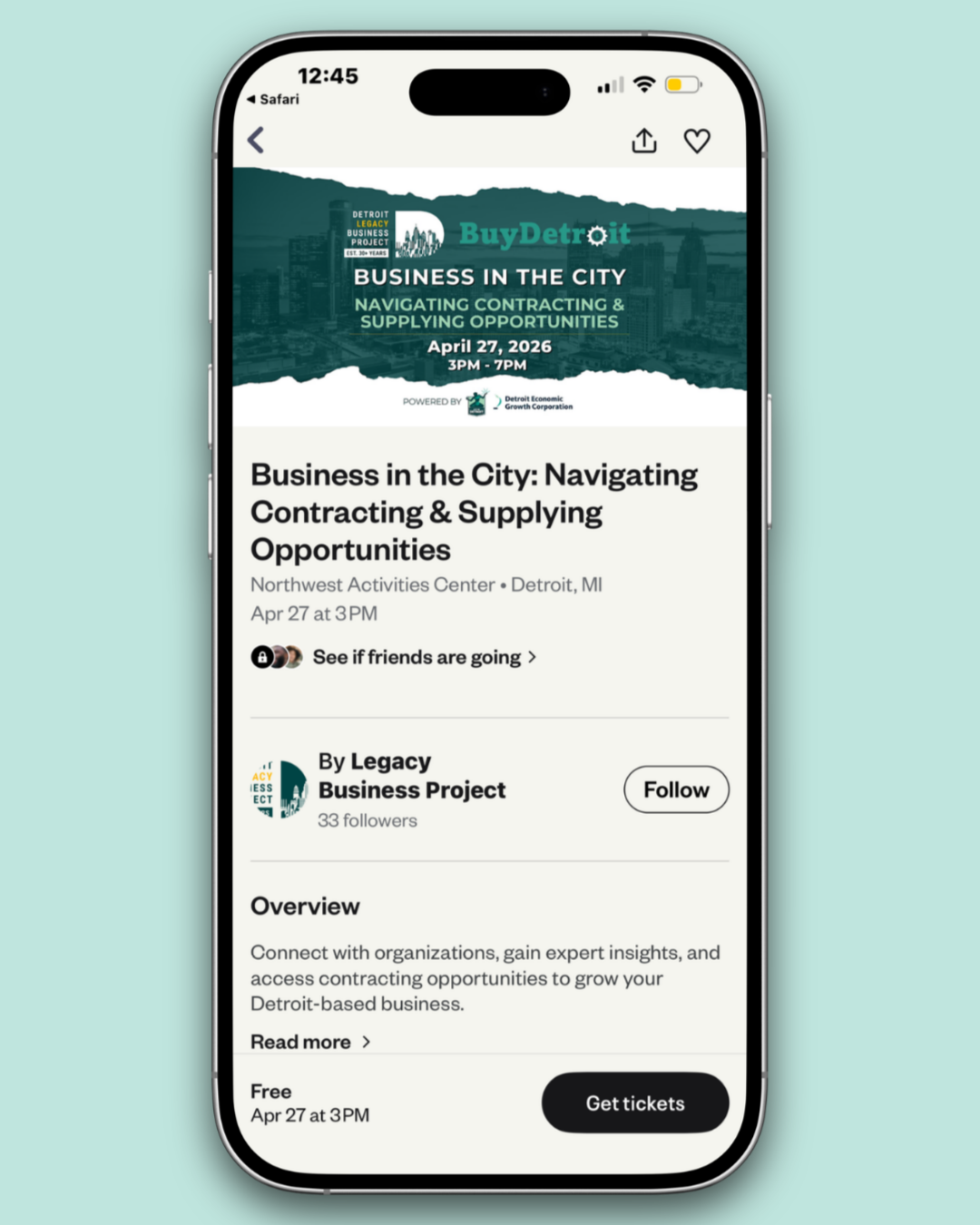 Event invitation for 'Business in the City: Navigating Contracting & Supplying Opportunities' scheduled for April 27, 2026, from 3 PM to 7 PM at the Northwest Activities Center in Detroit, Michigan. The event is powered by the Detroit Economic Growth Corporation and hosted by the Legacy Business Project, with options to see friends attending and purchase tickets.