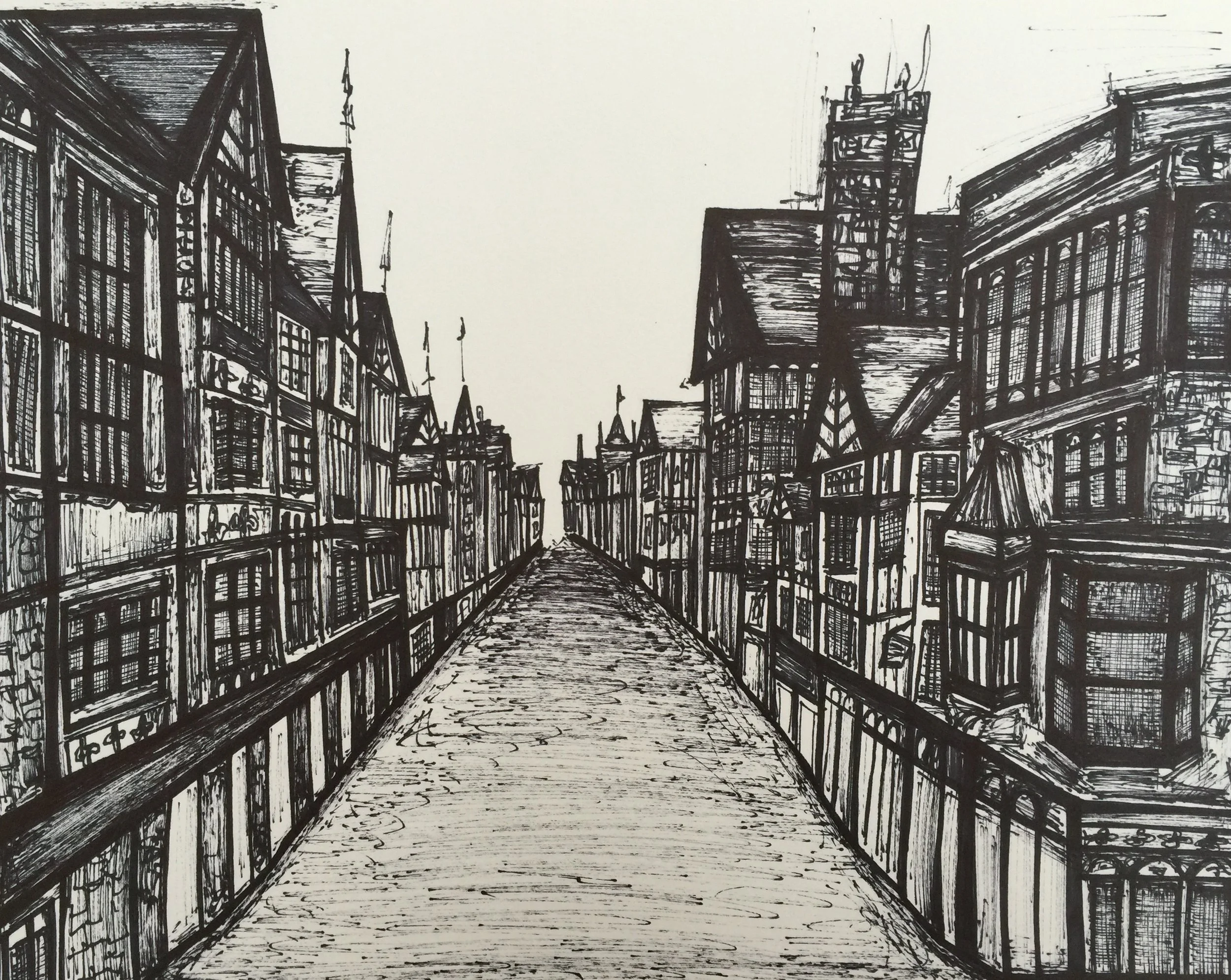 A black and white sketch of a street scene with tall buildings featuring multiple stories, windows, and pitched roofs, extending along a central cobblestone pathway, with flags on poles and a chimney stack in the background.