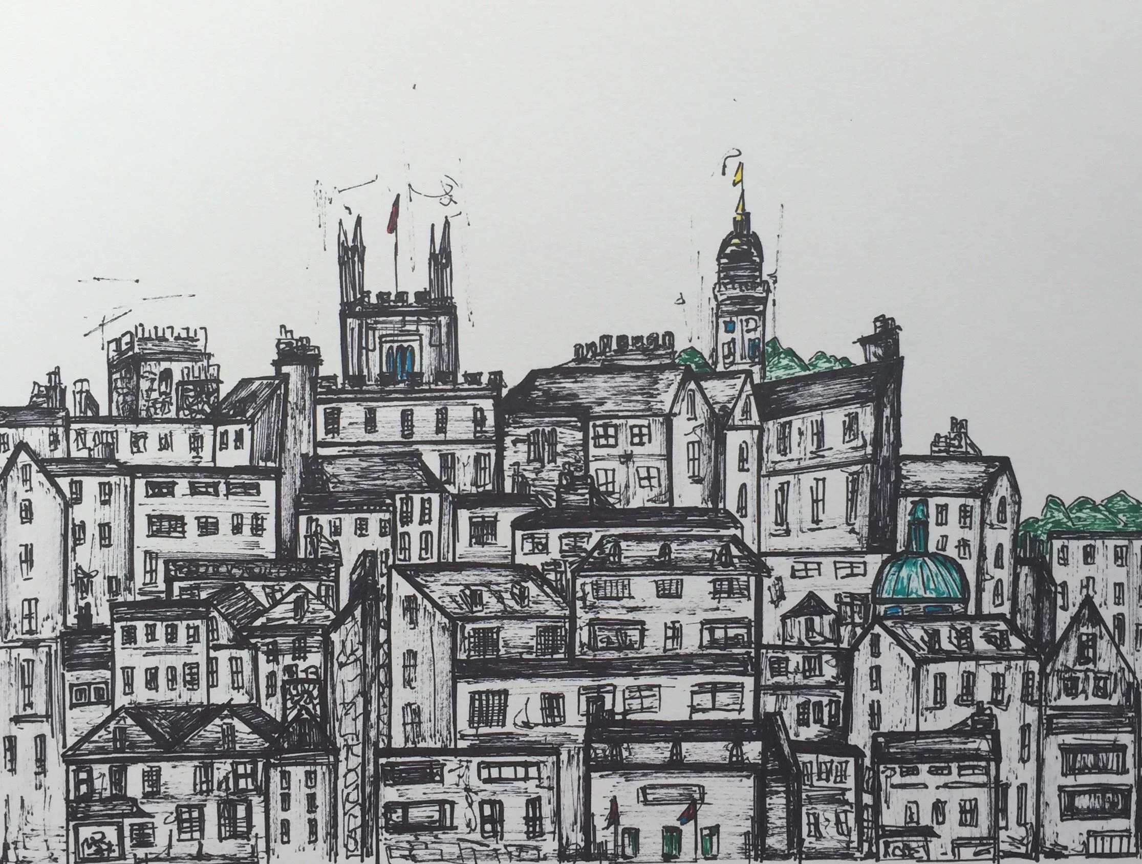A sketch of a cityscape with various buildings, including a clock tower with a flag on top.