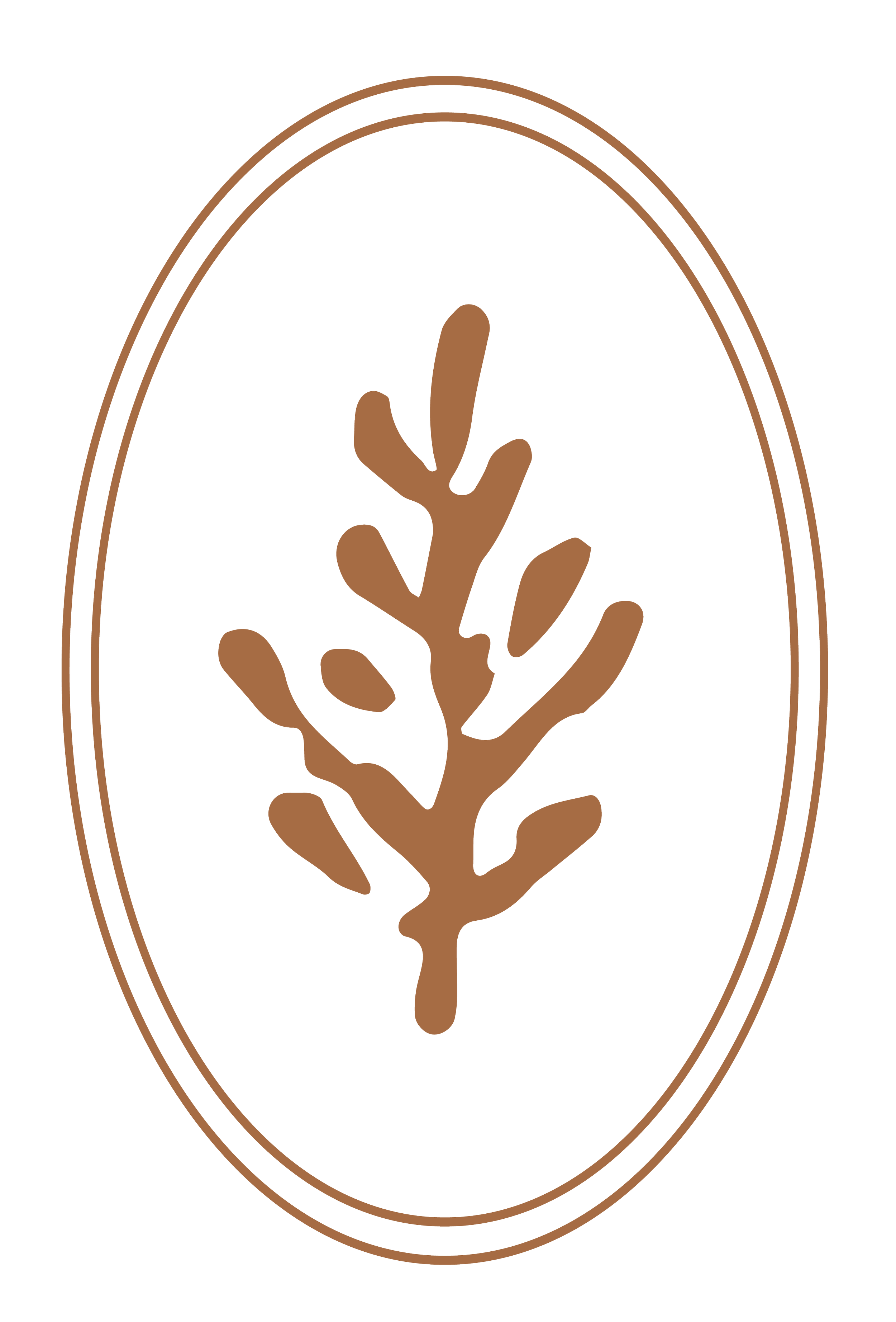 A logo featuring a stylized tree or plant inside an oval frame with brown outline, on a black background.