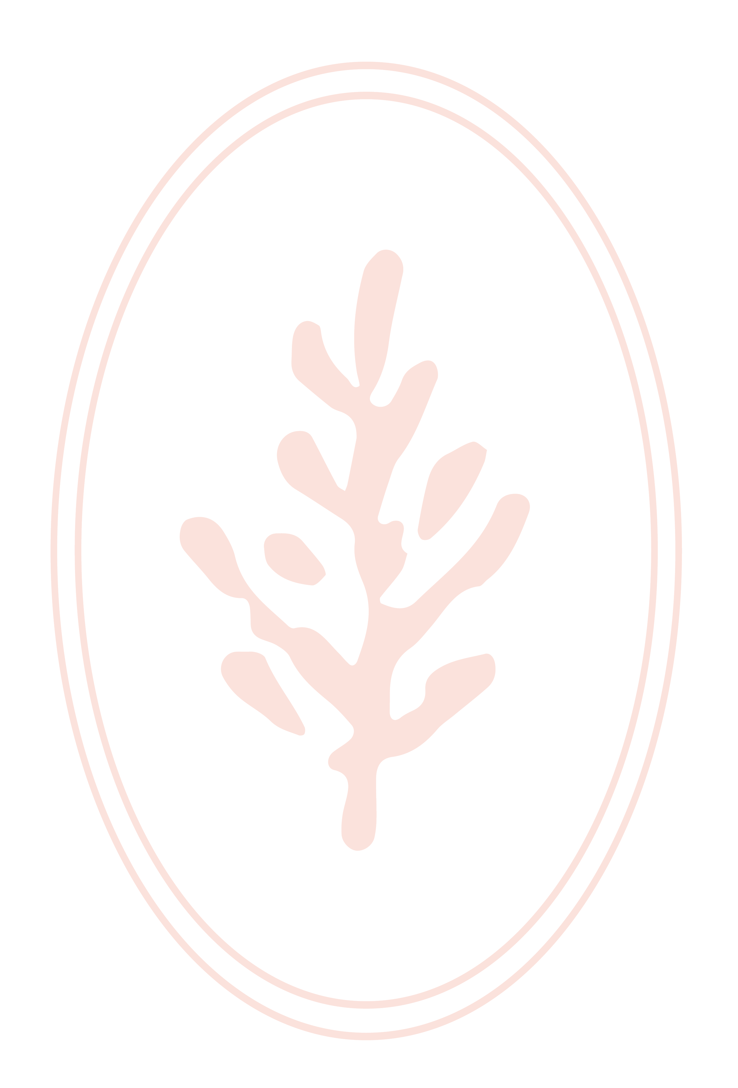 A black background with a pink outline of an oval frame. Inside the frame, there is a stylized pink line drawing of a hand with elongated fingers, holding a small leafy branch.