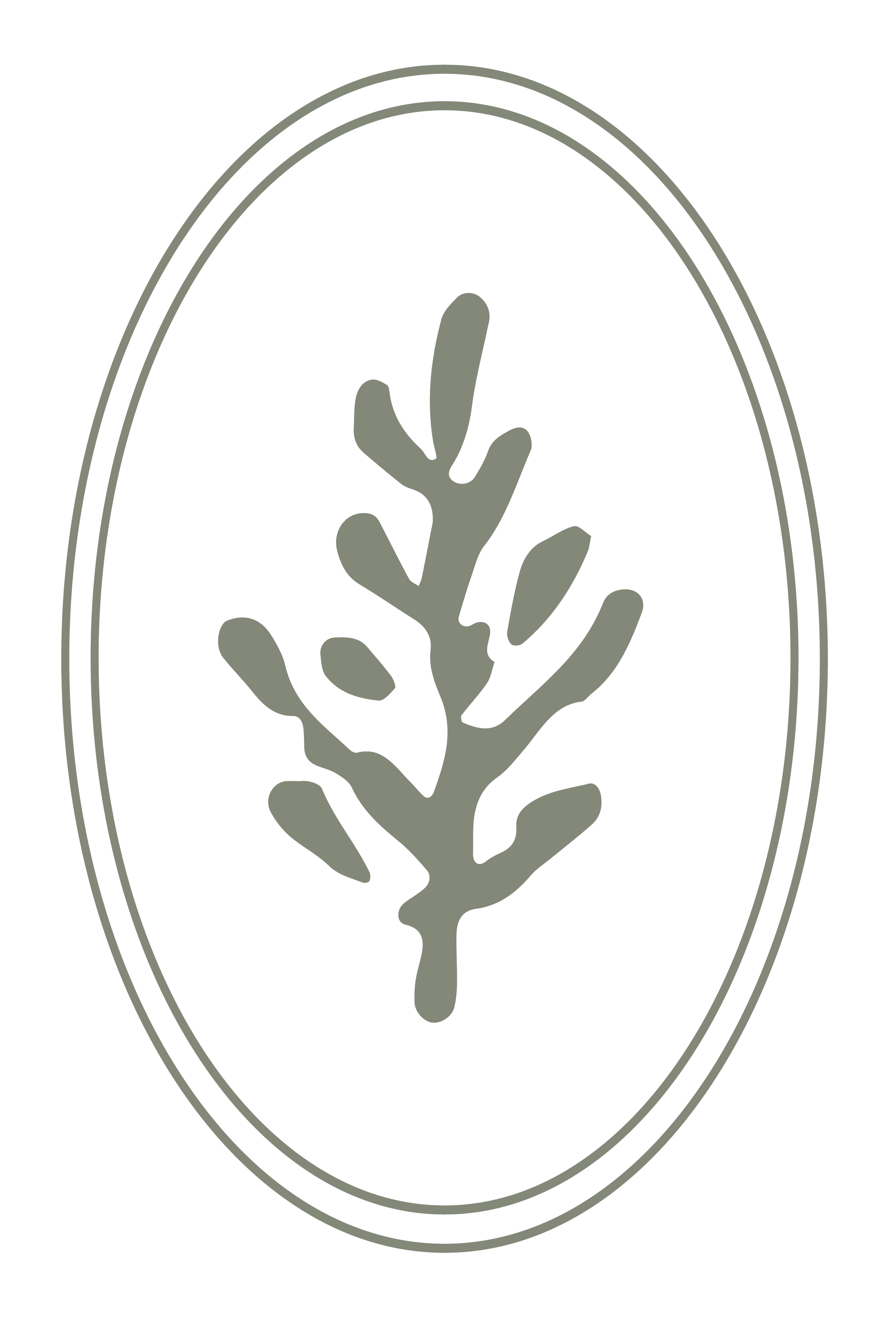 Minimalist logo of a stylized tree or plant inside an oval frame, with a black background and gray outline.