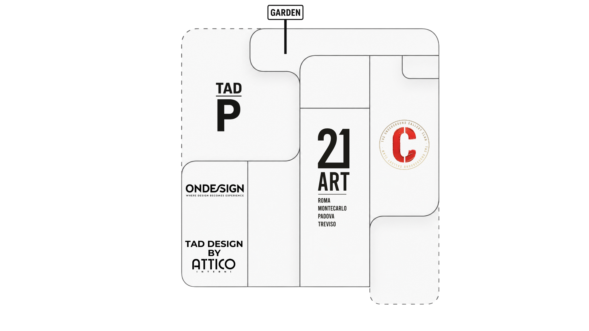 Progetto di design per uno spazio espositivo con segnali e zone di parcheggio, includendo testo e loghi di varie aziende e istituzioni culturali.