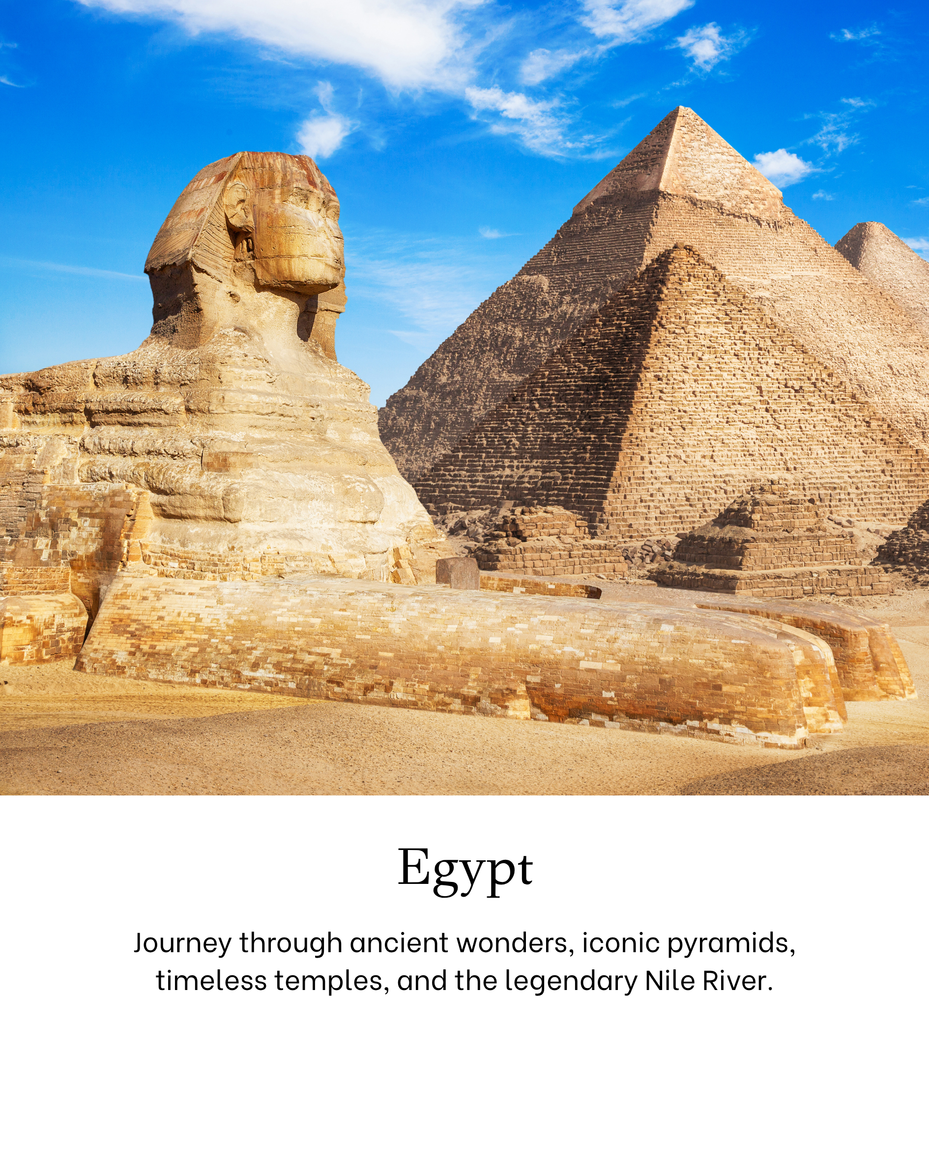 A photograph of the Great Sphinx of Giza and the Pyramid of Khafre under a blue sky with clouds, with text mentioning Egypt, ancient wonders, and the Nile River.