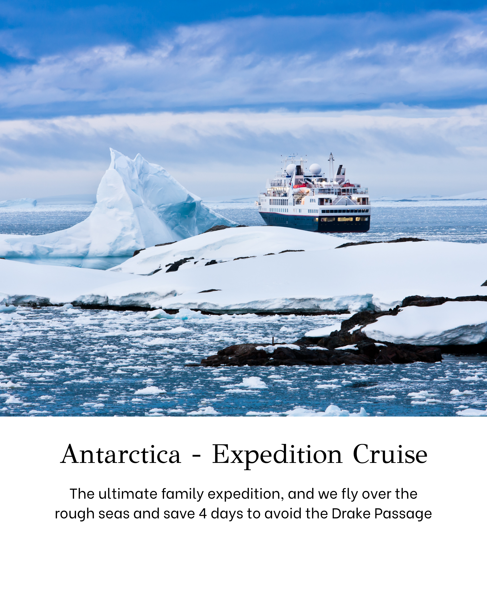 A cruise ship navigating icy waters near large icebergs in a cold, cloudy environment, part of an Antarctica expedition.
