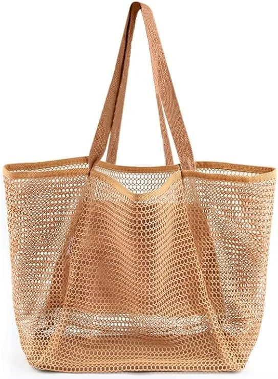 A tan, mesh beach bag with two shoulder straps.