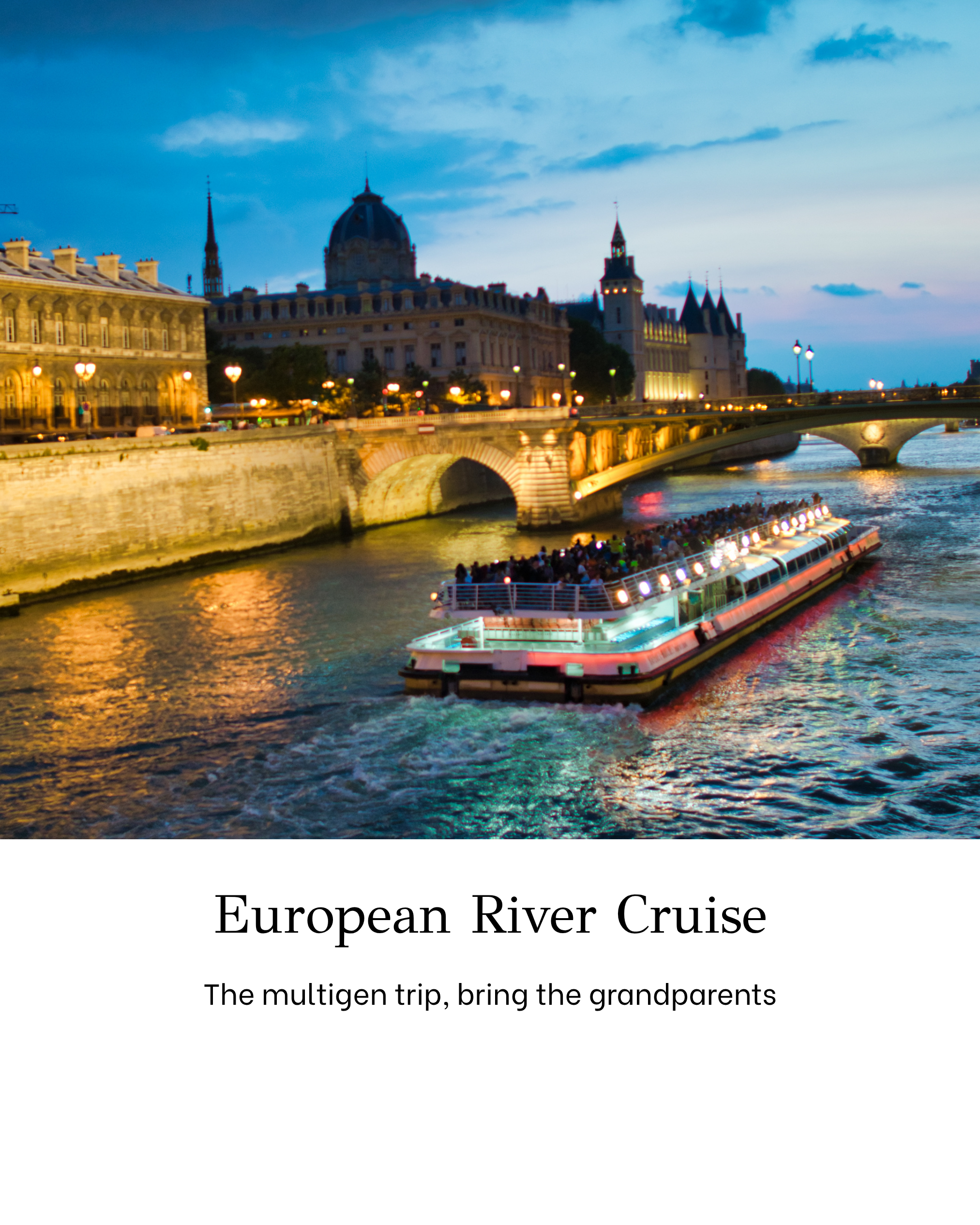 Nighttime photo of a European cityscape with historic buildings, a bridge over a river, and a river cruise boat with colorful lights.